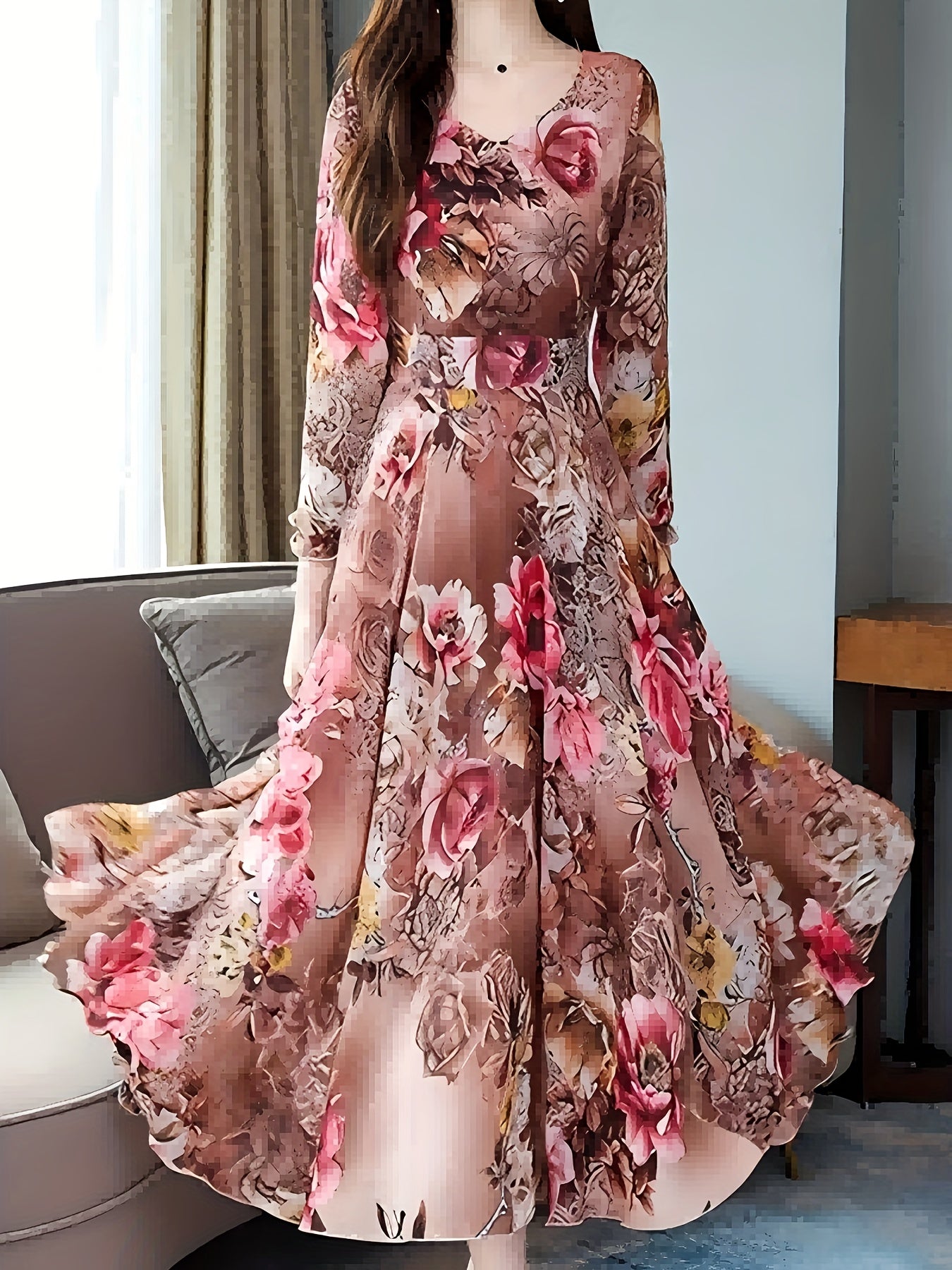 Elegant Women's V-Neck Floral Print Dress with Fitted Bodice & Flowy Skirt - Machine Washable, All-Season Versatile for Casual to Formal Occasions, No Stretch Fabric, Zipper Closure