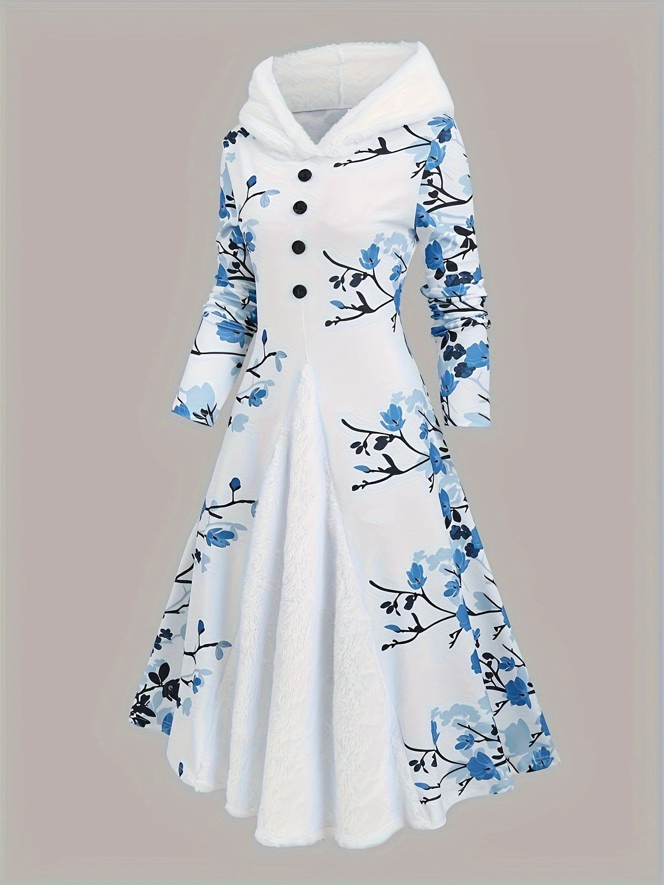 Floral Print Button Button Front Hooded Dress, Elegant Long Sleeve Dress For Spring & Fall, Women's Clothing