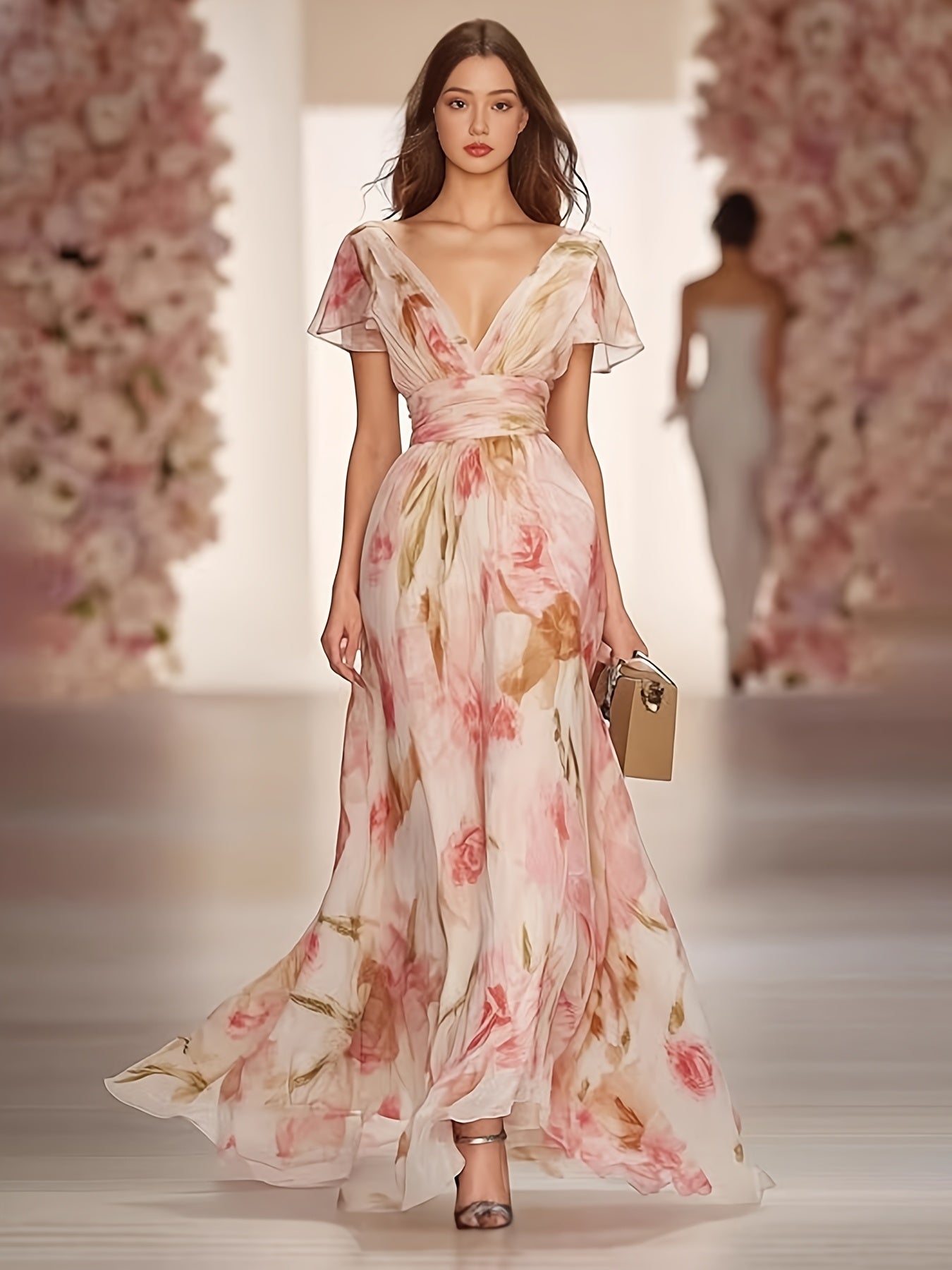 Women's Elegant Floral maxi dress - Flowy A-Line Formal/Party/Everyday gown with Zipper Back, Machine Washable Non-Stretchy Fabric in Soft Pink/Beige/White/ for Weddings, Events, Outfits - Ready-to-Wear Collection, Wedding Guest Attire, Vneck Fashion,