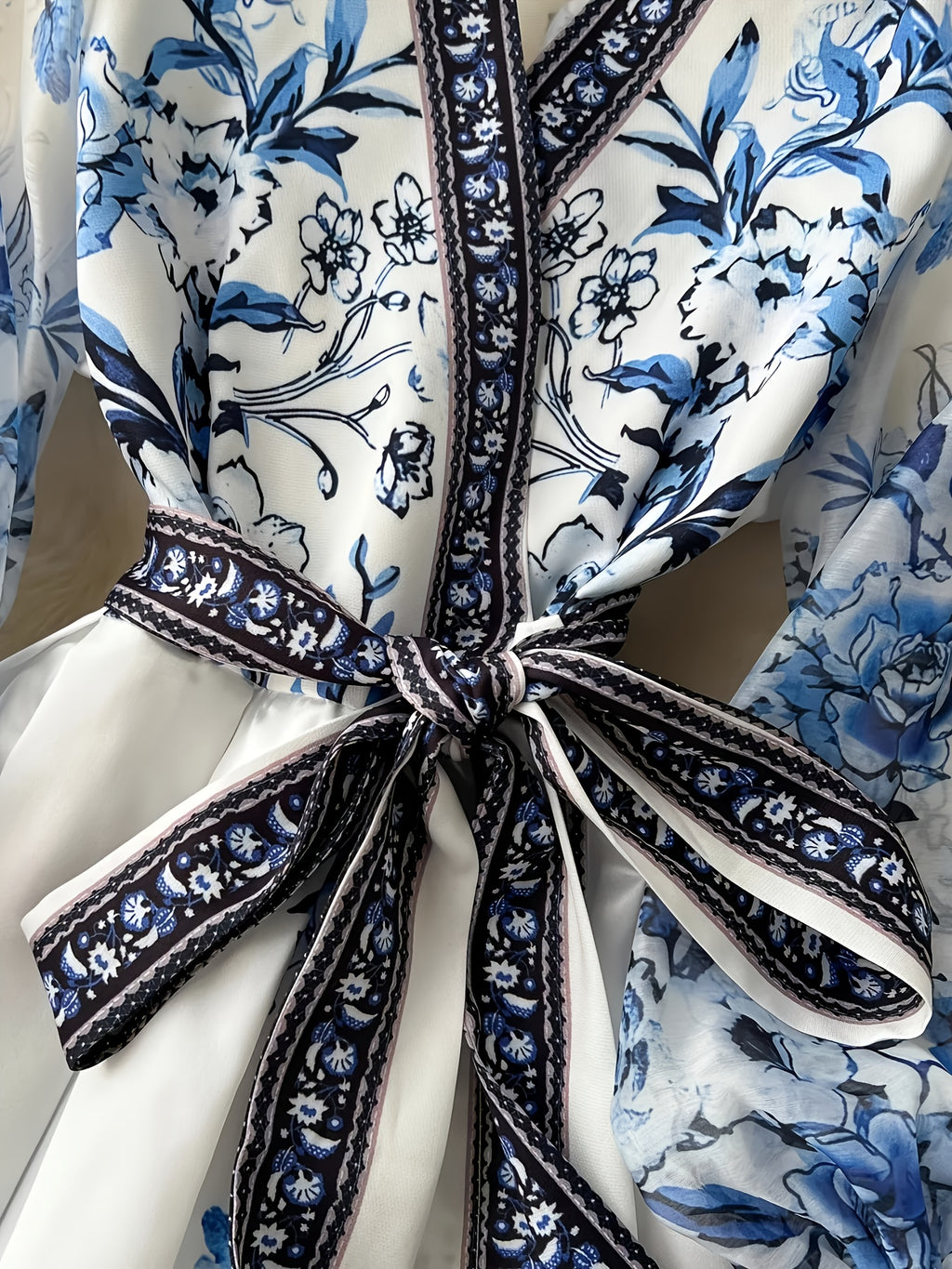 Elegant French-Inspired Floral V-Neck Long Dress with Lantern Sleeves and Tie Waist - White with Blue Floral Patterns, Perfect for Parties and Formal Events, Formal Event Attire|Vintage Style|Lantern Sleeves, Floral Print Dress