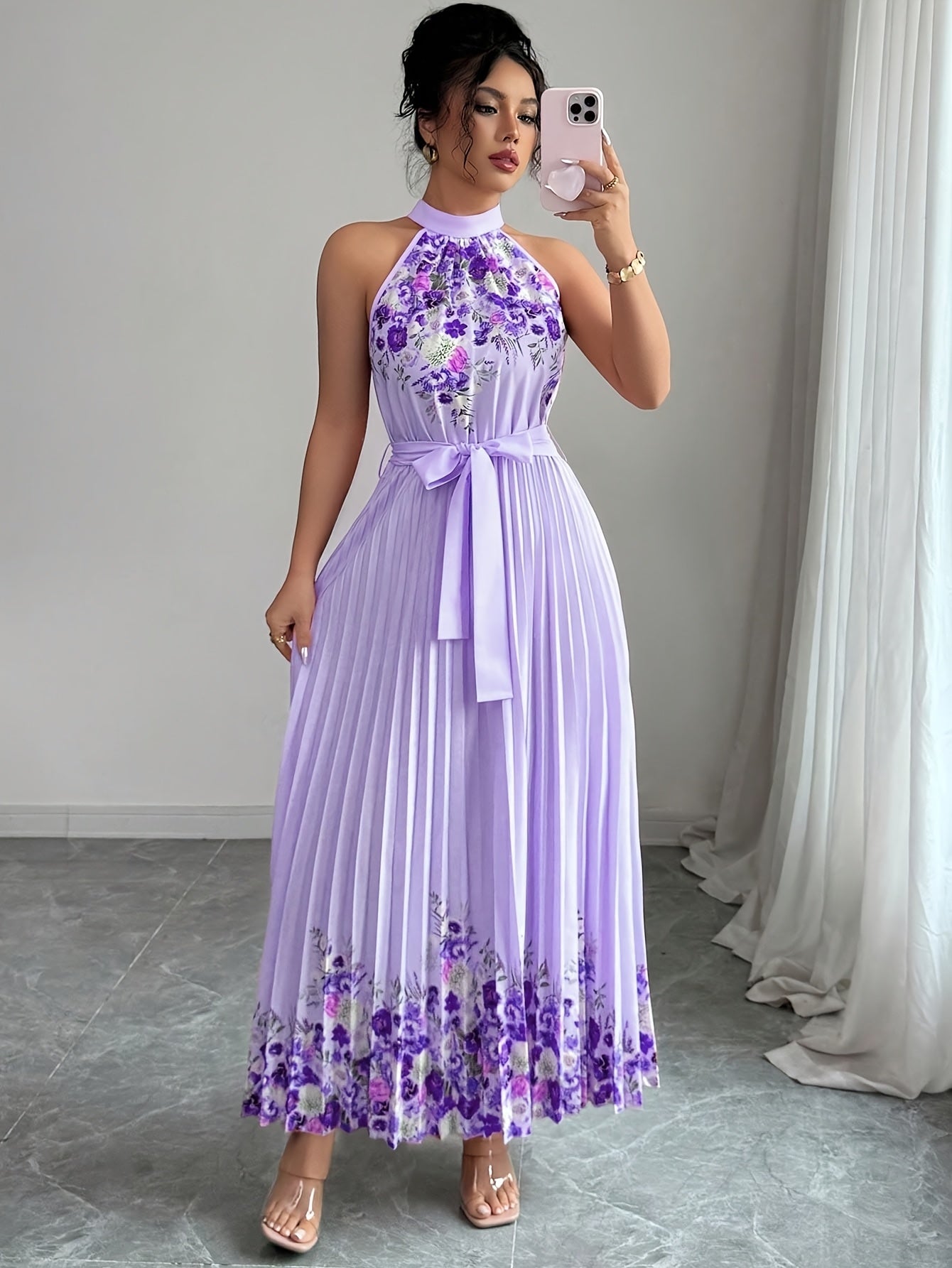 [Elegant Floral Print Dress] Women's Elegant Floral Print Sleeveless A-Line Dress - Vibrant Pink Round Neck Machine-Washable Spring/Summer Casual & Formal Wear, Floral Print Dress, No Stretch Fabric
