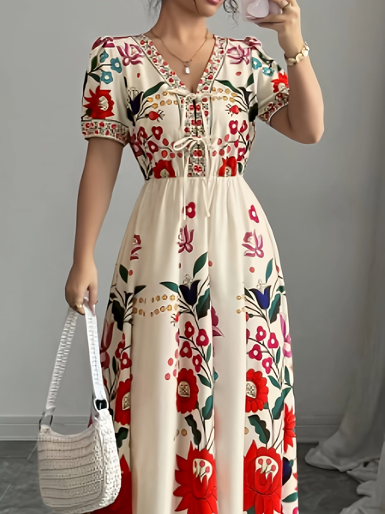 Women's Vintage Floral print A-Line party dress - flared skirt, Beige & Red Floral pattern, Machine Washable Formal/Everyday/Party Outfit for Women, Seasonal Fashion, Nontransparent Fabric, Decorative Bows, Evening Wear, Highquality Fabric, Casual Wear