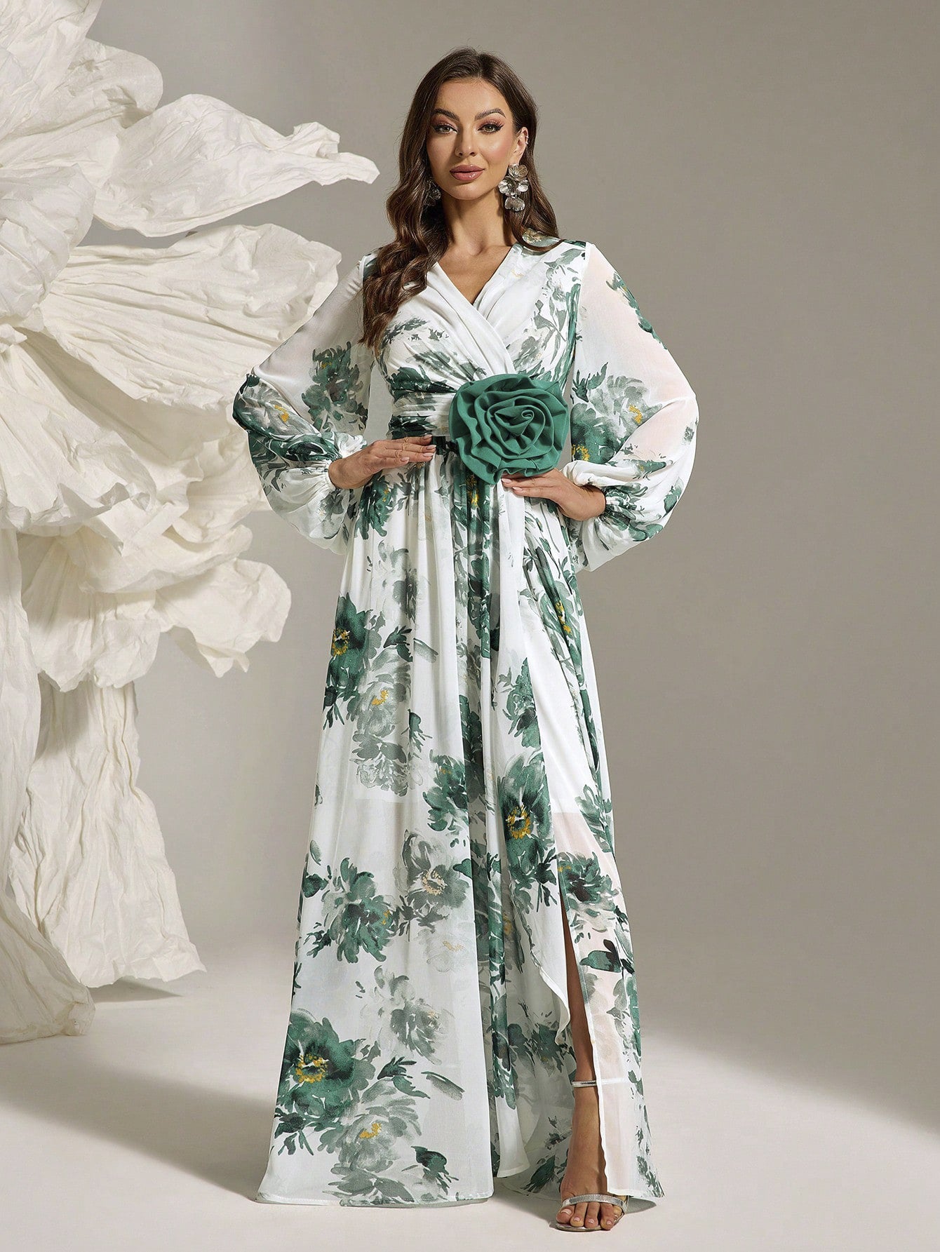 Women's Elegant Full-Floral Print Slit Maxi Dress with Three-Dimensional Flower Embellishments, Classic Romantic Long Gown for Office, Banquet, Casual Wear - 2025 New Arrival