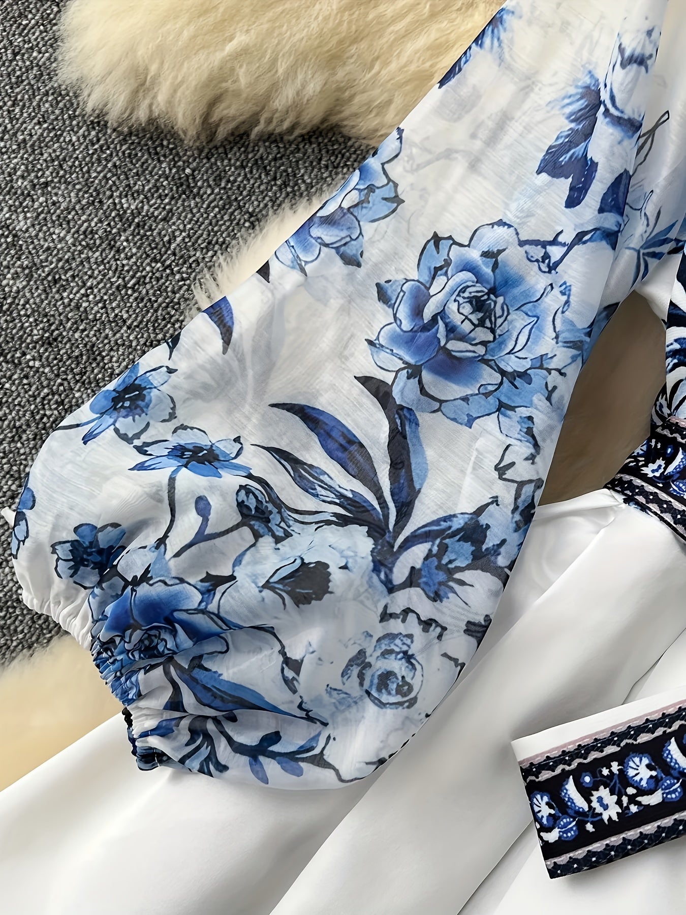 Elegant French-Inspired Floral V-Neck Long Dress with Lantern Sleeves and Tie Waist - White with Blue Floral Patterns, Perfect for Parties and Formal Events, Formal Event Attire|Vintage Style|Lantern Sleeves, Floral Print Dress