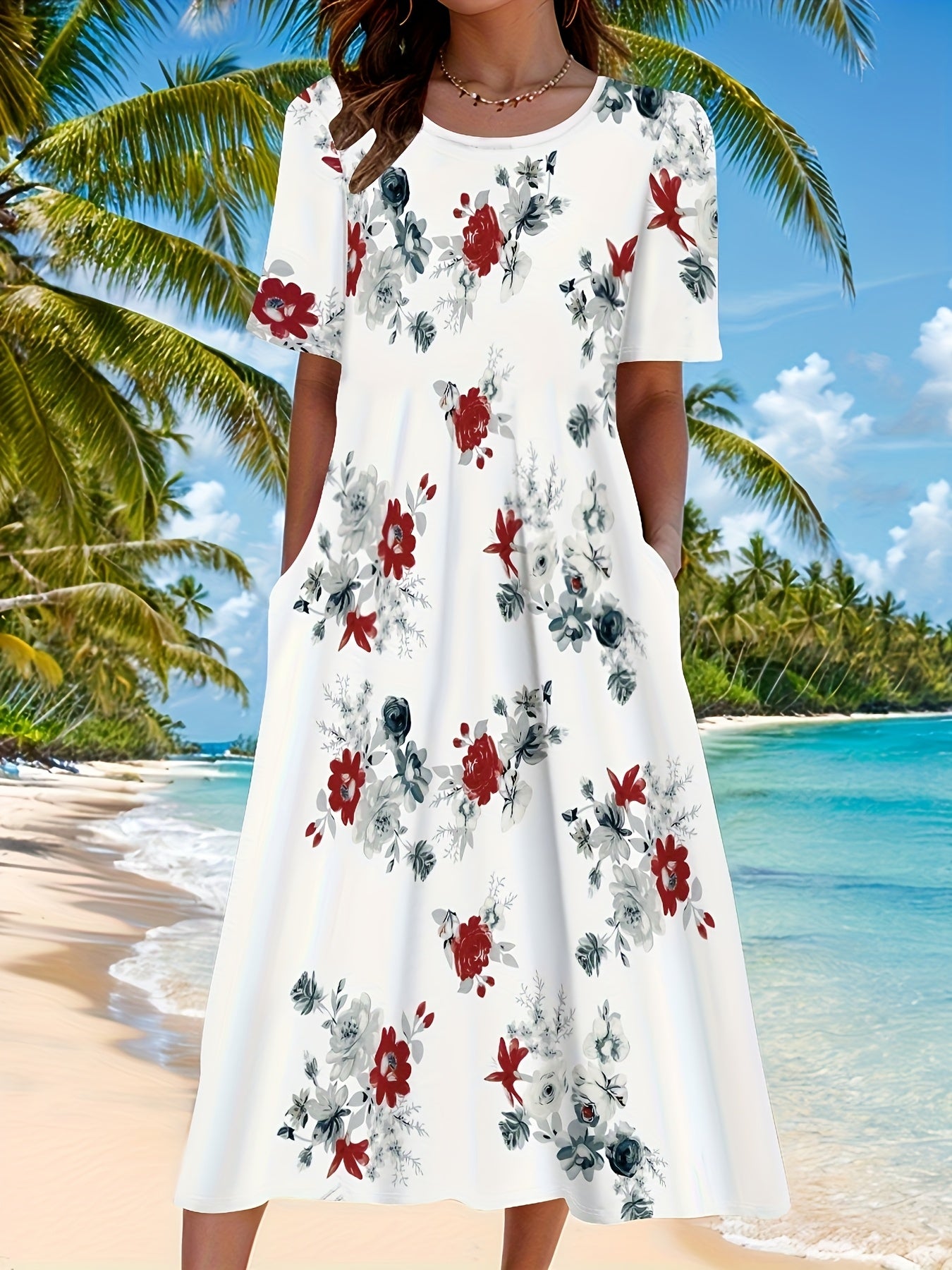 [Stylish Midi Dress] Elegant Floral Women's Round Neck Short Sleeve Pocket Midi Dress for Vacation