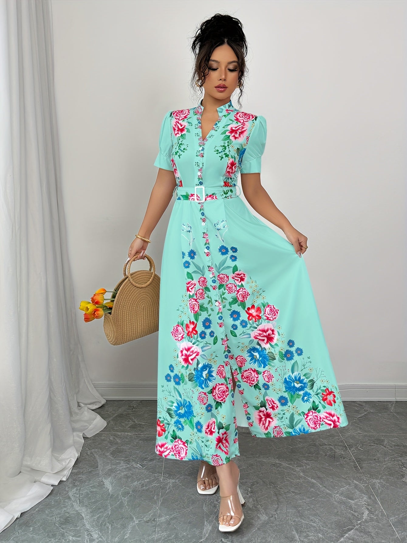 [Floral Maxi Dress] Turquoise Blue & Pink Floral Maxi Dress | Women's A-Line Non-Stretch Party & Everyday Dress | Machine Washable