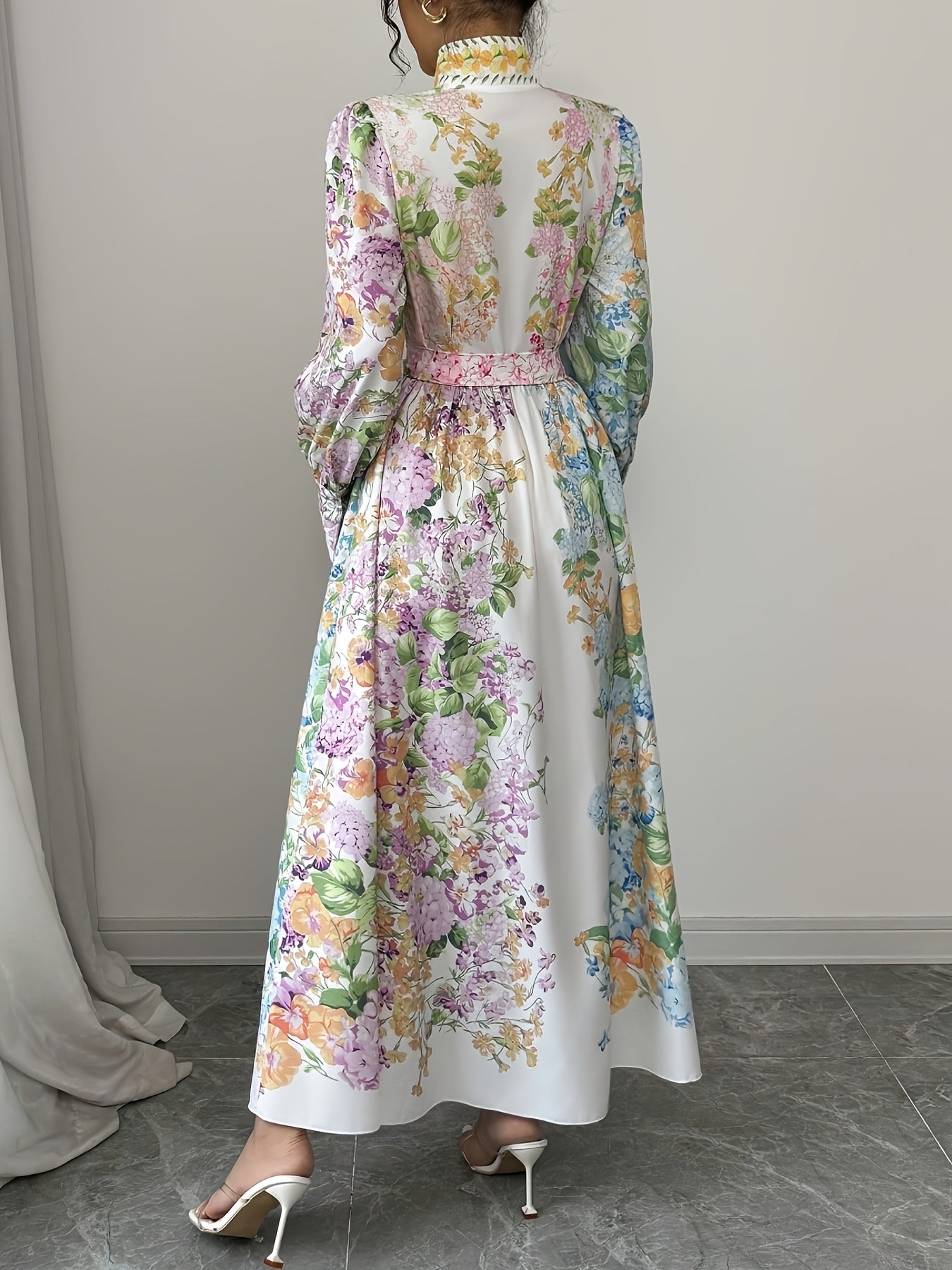 Women's French Elegant Floral Print Puff Sleeve Dress - Stand-Up Collar Button Front with Adjustable Waist Belt, Fitted Silhouette for Spring/Autumn Vacation & Casual Outings, Spring Fashion, Quality Craftsmanship, Autumn Outfit, Highquality Fabric, Adult