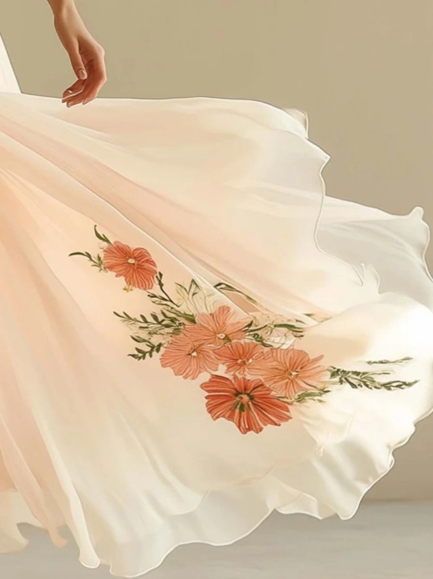 Elegant Floral Print V-Neck Maxi Dress - Beige with Orange & White Flowers, Short Sleeves, Flowy Tiered Skirt, Perfect for Weddings & Formal Events, Formal Event Attire | Floral Print Dress | Polyester Fabric