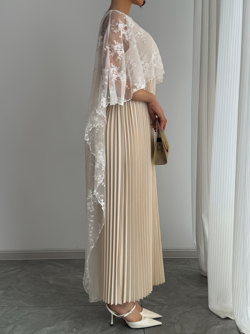Women's Elegant Romantic Pleated Dress - Country Chic, Sweet A-Line Skirt with Zipper, Versatile Classic Style for Casual Attire, Date Night Outfit, Tailored Fit, Nonstretch Fabric, Adult Clothing