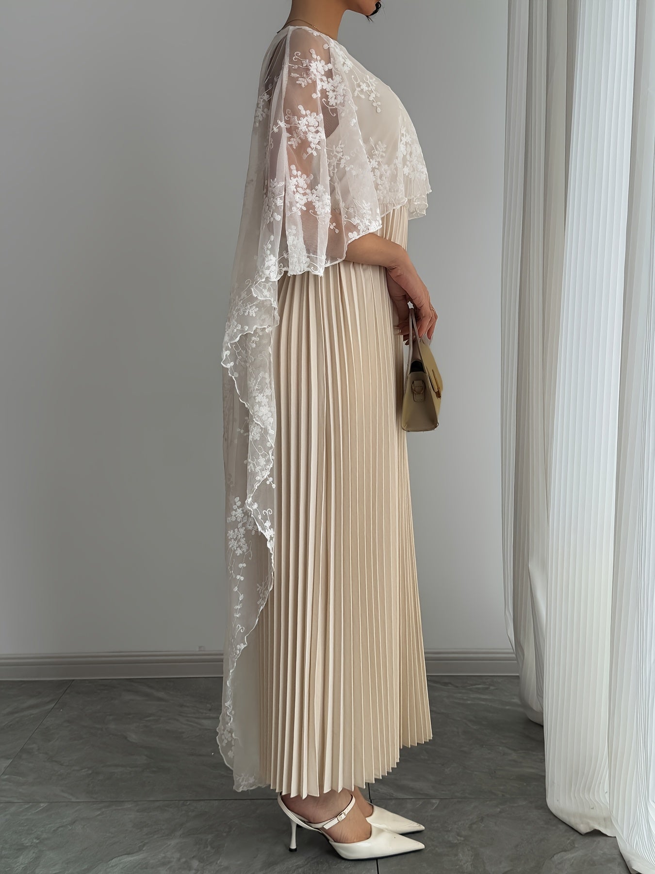 Women's Elegant Romantic Pleated Dress - Country Chic, Sweet A-Line Skirt with Zipper, Versatile Classic Style for Casual Attire, Date Night Outfit, Tailored Fit, Nonstretch Fabric, Adult Clothing