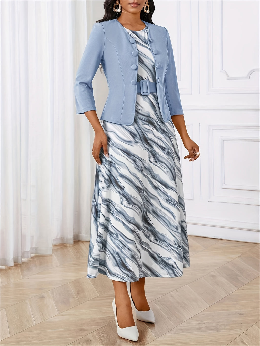 YY0511281 European and American Spring Autumn Elegant Style Button-Open Front 7/8 Sleeve Jacket Black Yellow Print Round Neck Sleeveless A-Line Belted Dress Two-Piece Set
