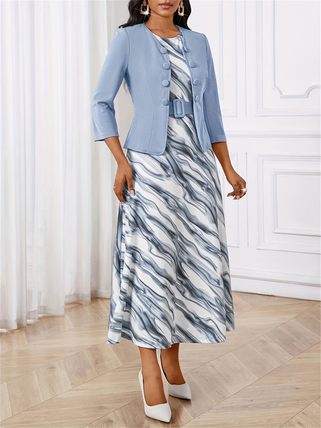 YY0511281 European and American Spring Autumn Elegant Style Button-Open Front 7/8 Sleeve Jacket Black Yellow Print Round Neck Sleeveless A-Line Belted Dress Two-Piece Set