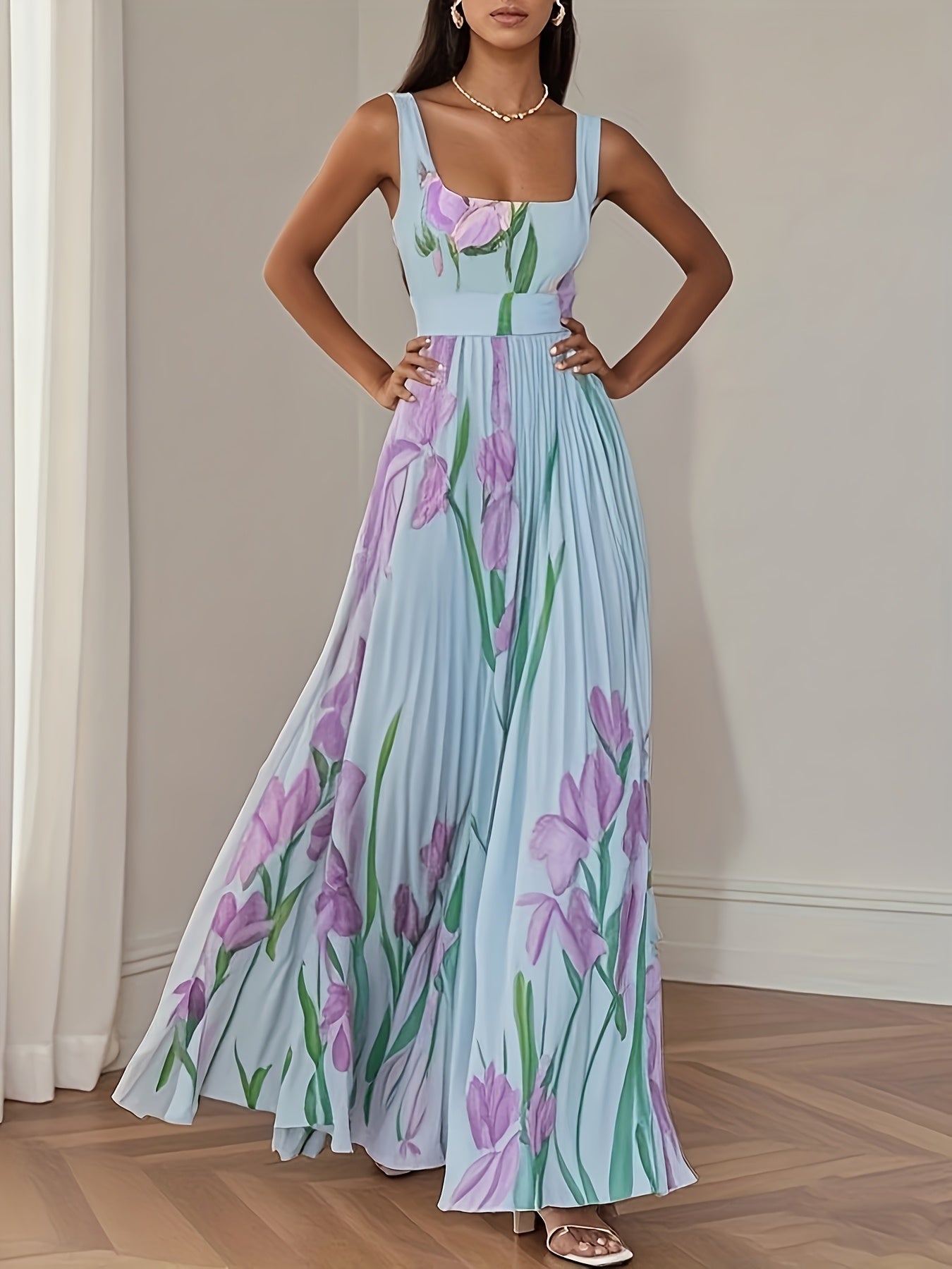 Fashion Elegant Floral Printed Pleated Dresses Banquet Party Gowns Dresses Elegant Women'S Fashion