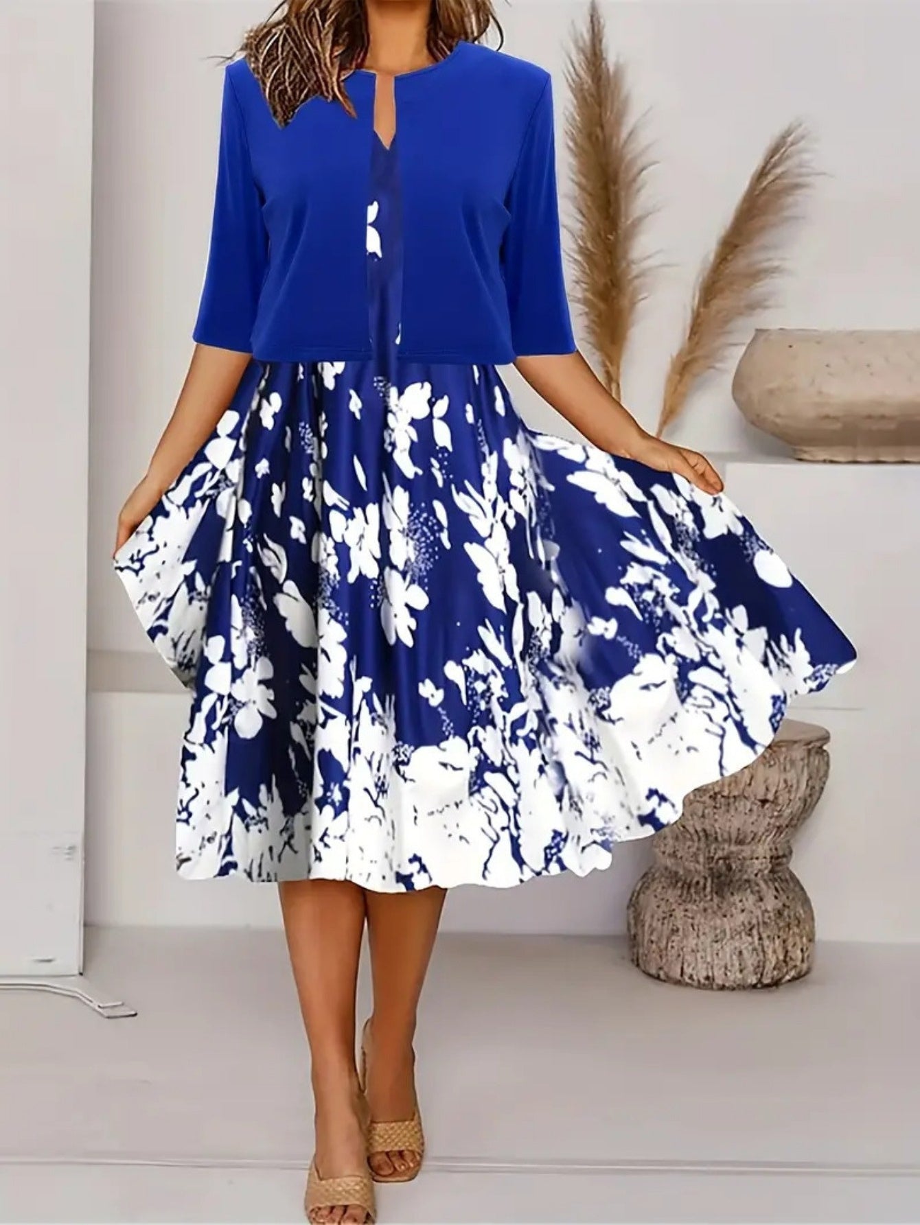 Elegant Floral Print Dress with Ruched Bust and Off-the-Shoulder Sleeves - Casual yet Sophisticated Style for Spring/Summer, Casual Elegant Attire|Floral Print Dress|Ruched Detailing, Floral Print Dress