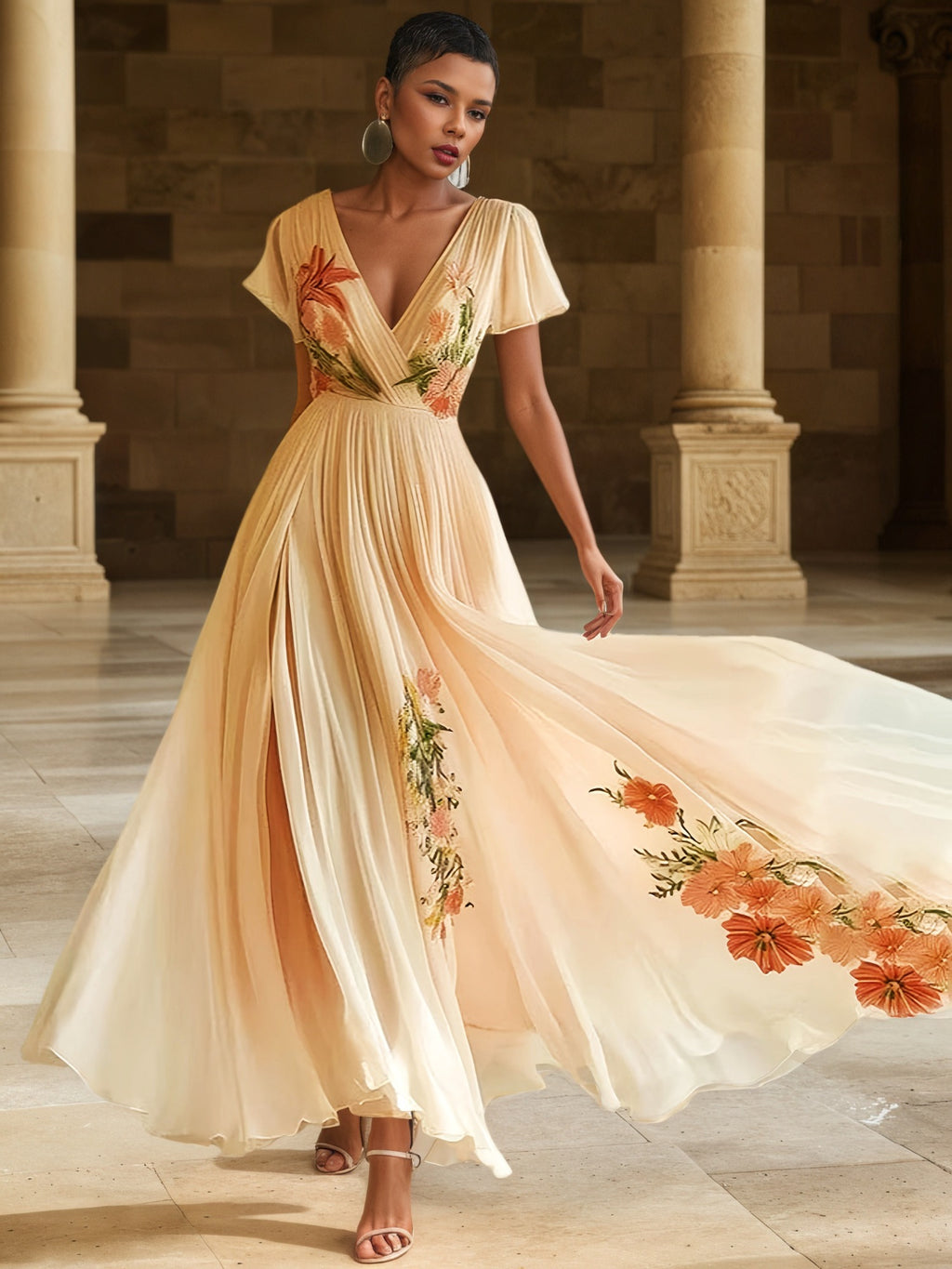 Elegant Floral Print V-Neck Maxi Dress - Beige with Orange & White Flowers, Short Sleeves, Flowy Tiered Skirt, Perfect for Weddings & Formal Events, Formal Event Attire | Floral Print Dress | Polyester Fabric