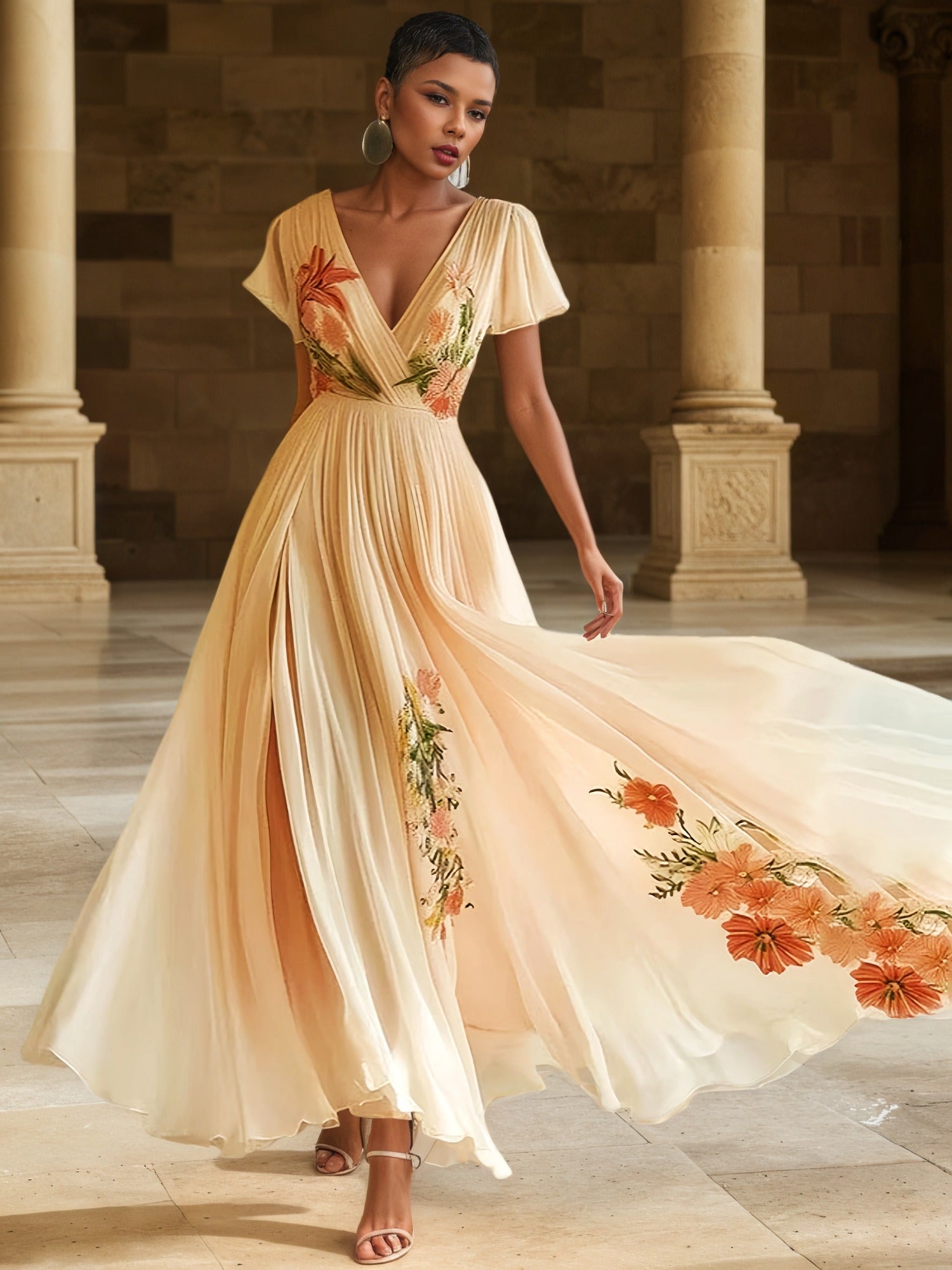 Elegant Floral Print V-Neck Maxi Dress - Beige with Orange & White Flowers, Short Sleeves, Flowy Tiered Skirt, Perfect for Weddings & Formal Events, Formal Event Attire | Floral Print Dress | Polyester Fabric