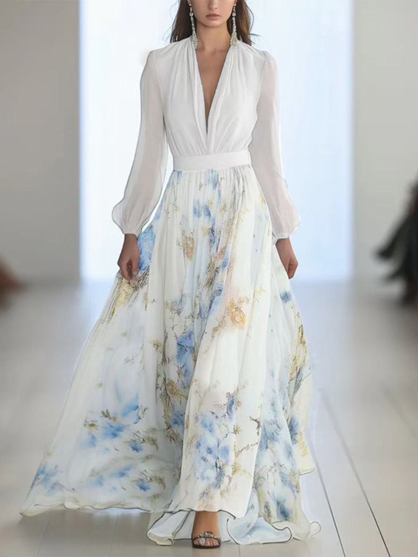 Women'S Elegant Deep V-Neck Floral Print Maxi Dress with Long Sleeves - A-Line Waist Ruffle Hem, Light Blue & Golden Floral Design, Perfect for Spring & Summer Vacations, Vacation Dress | Boho Chic Dress | Polyester Fabric