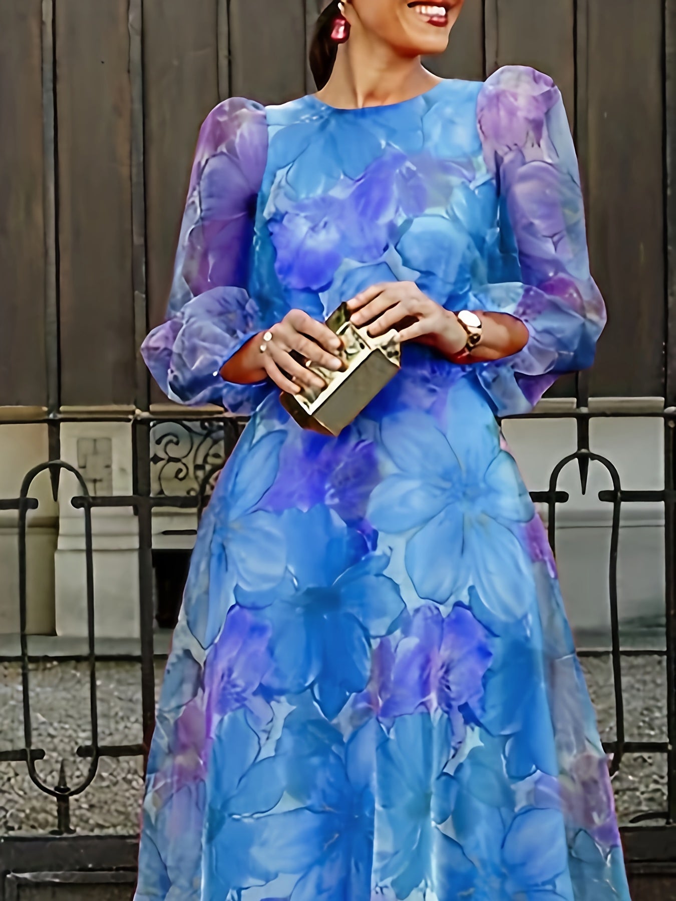 [Elegant Floral Dress] Elegant Floral Print Chiffon A-Line Dress | Women's Gradient Blue Purple Ombre Long Sleeve Round Neck Party Wedding Guest Dress with Back Zipper Closure - Machine Washable Spring Summer Fall Formal Attire
