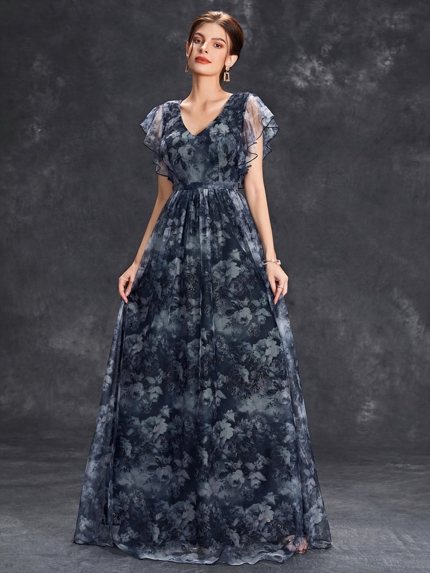 Elegant Women'S Deep V-Neck Bridesmaid Dress with Short Sleeves, Floral Print, Lace Trim, Satin Mesh Overlay, Ruffle Hem, A-Line Long Skirt, Perfect for Weddings and Formal Events, Wedding Guest Attire | Floral Print Dress | Satin Finish