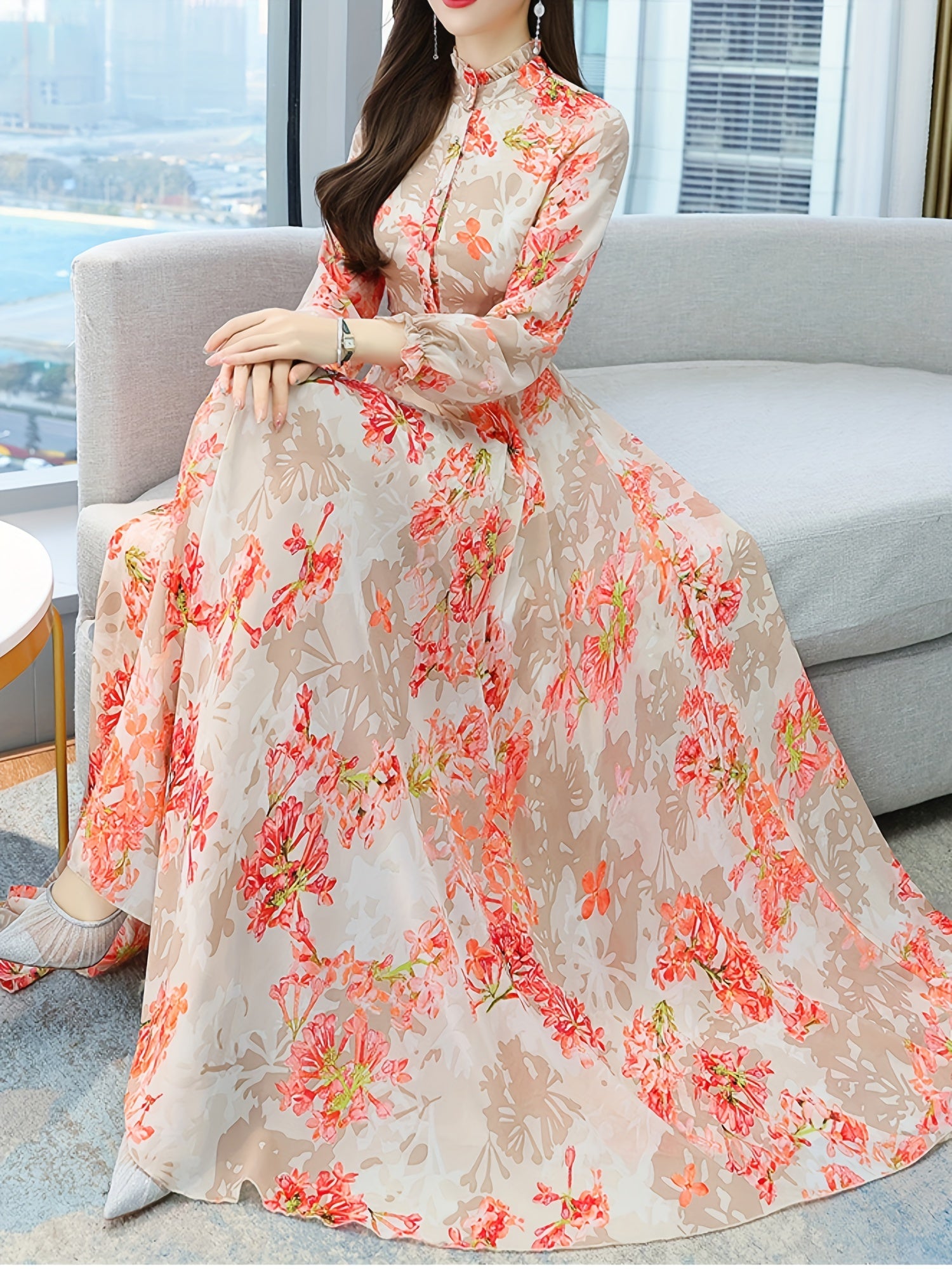 Floral Print Button Front Mock Neck Dress, Elegant Long Sleeve Dress For Spring & Fall, Women's Clothing