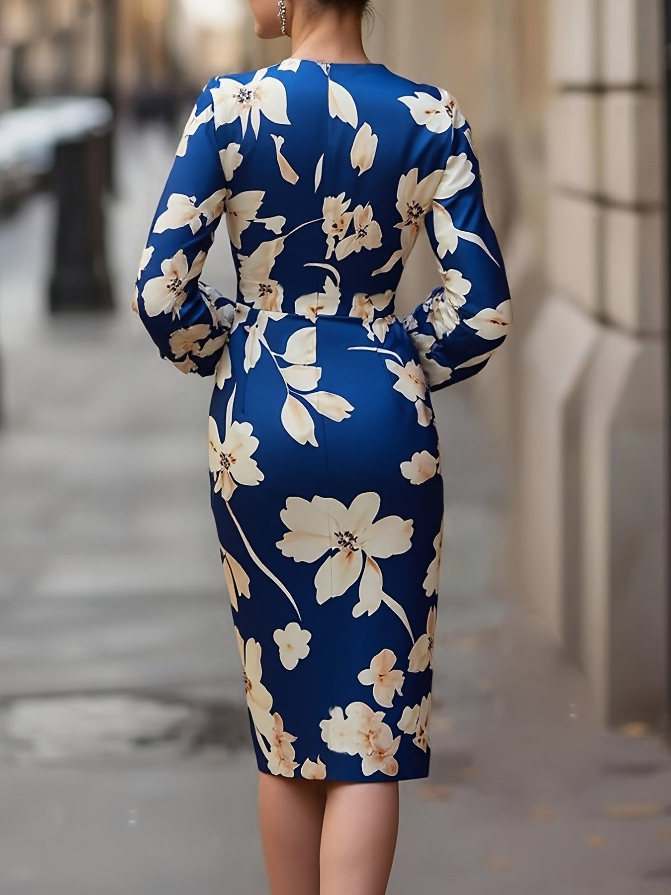 Women's Elegant Floral dress - Long formal party, V-Neck Long Sleeve, Navy Blue & Floral print, Zipper back, Non-Stretchy fabric for Weddings, Office, Gala - All-Season Formal & Everyday Chic Attire, Dresses for Wedding Guest