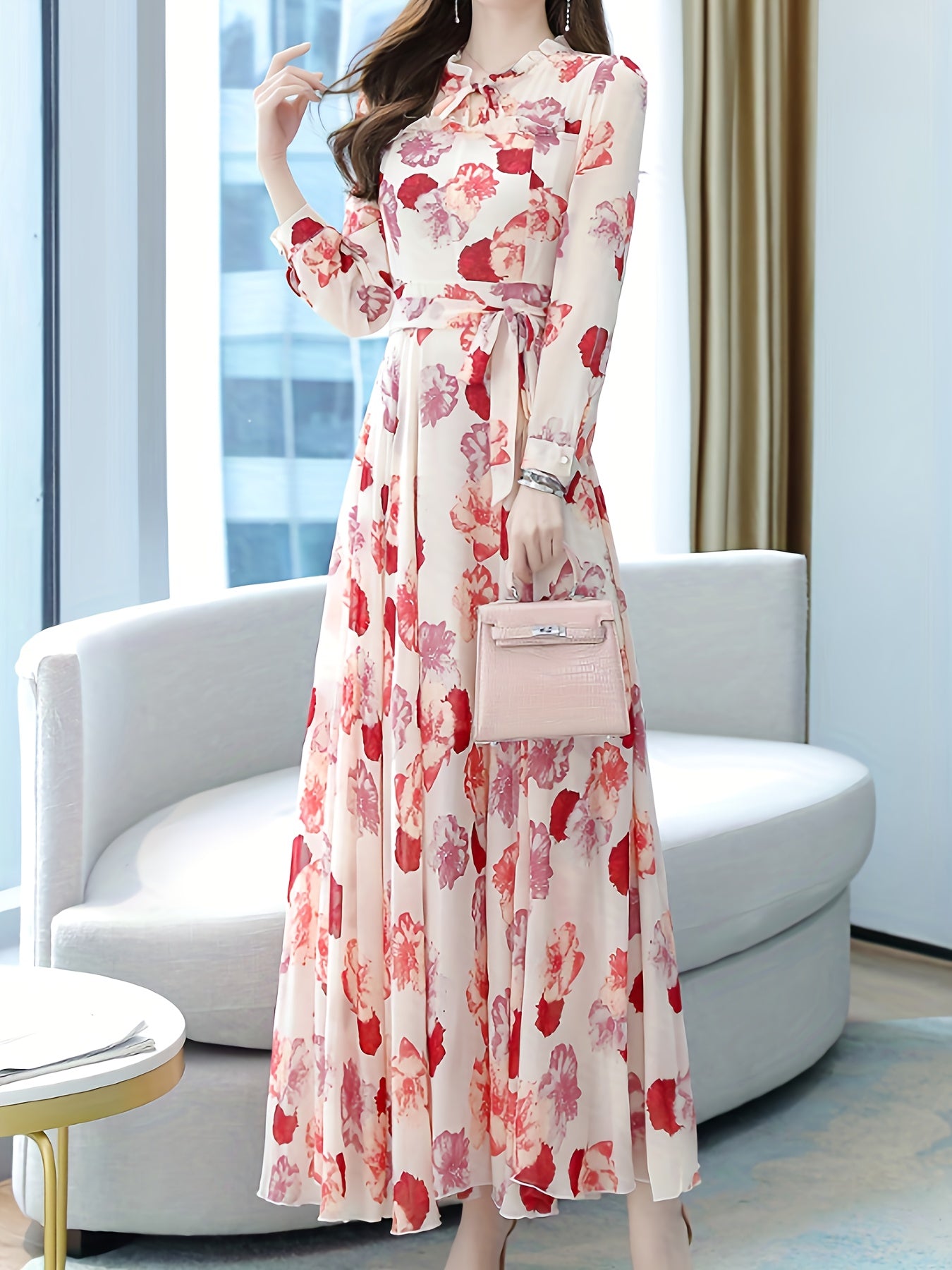 A Romantic Feast Of Spring Flowers! Retro Bohemian - Inspired Elegant Floral - Patterned Long - Sleeved Belted Printed Vacation - Style Dress