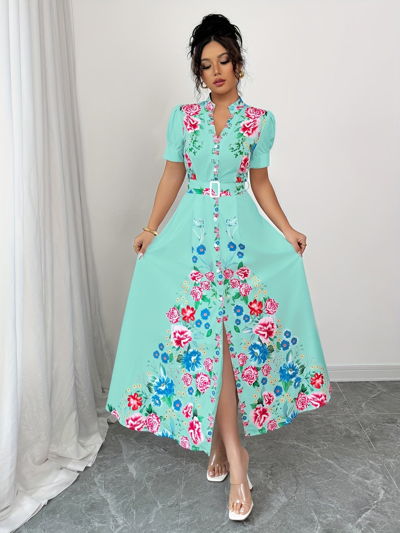 [Floral Maxi Dress] Turquoise Blue & Pink Floral Maxi Dress | Women's A-Line Non-Stretch Party & Everyday Dress | Machine Washable