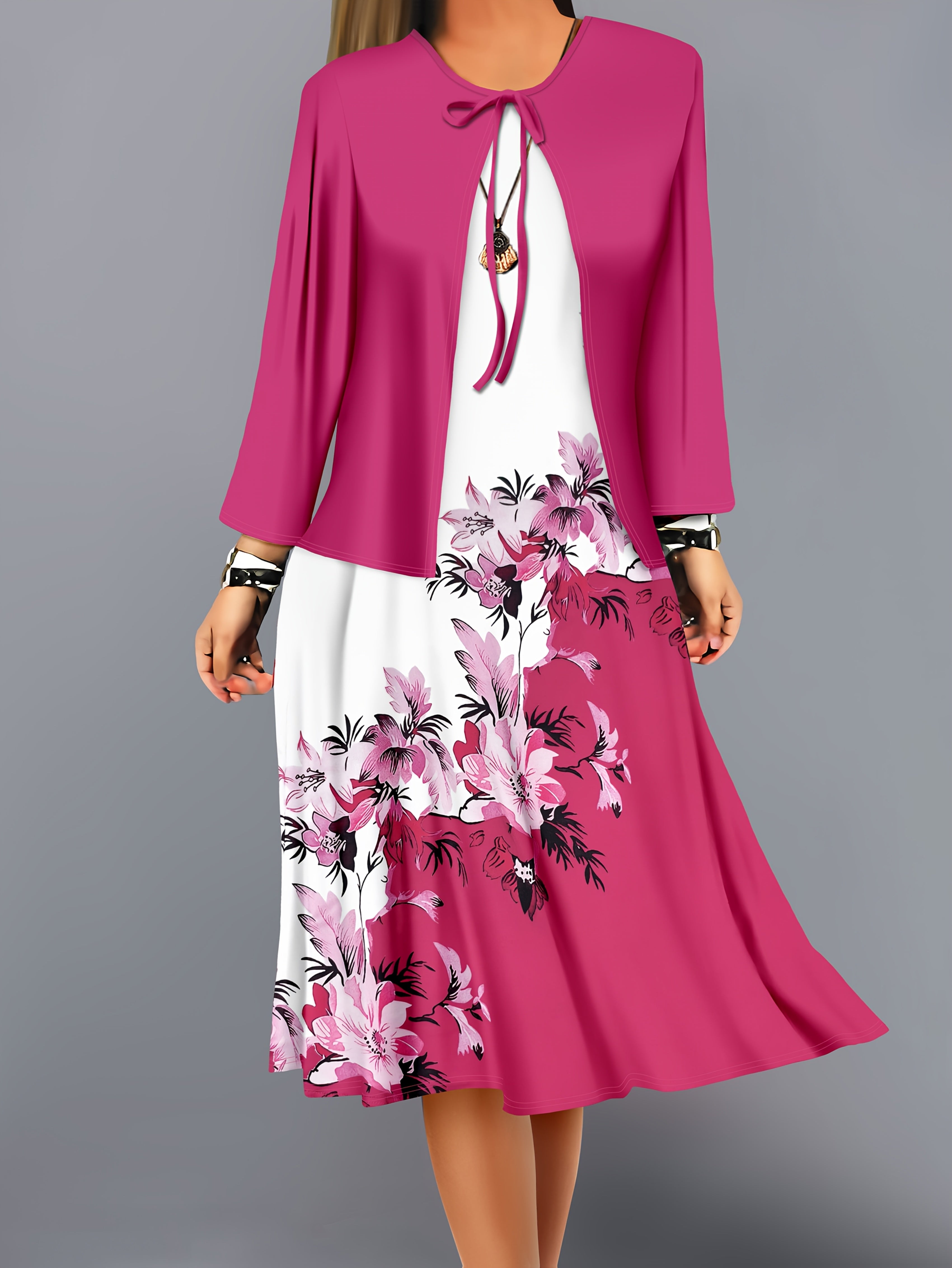 Fashion Women's solid color small cardigan and floral print patchwork dress two-piece set