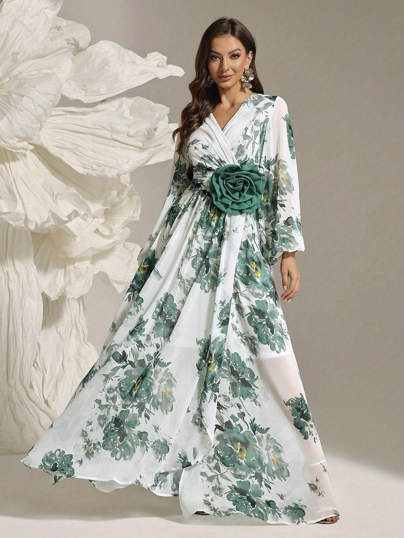Women's Elegant Full-Floral Print Slit Maxi Dress with Three-Dimensional Flower Embellishments, Classic Romantic Long Gown for Office, Banquet, Casual Wear - 2025 New Arrival