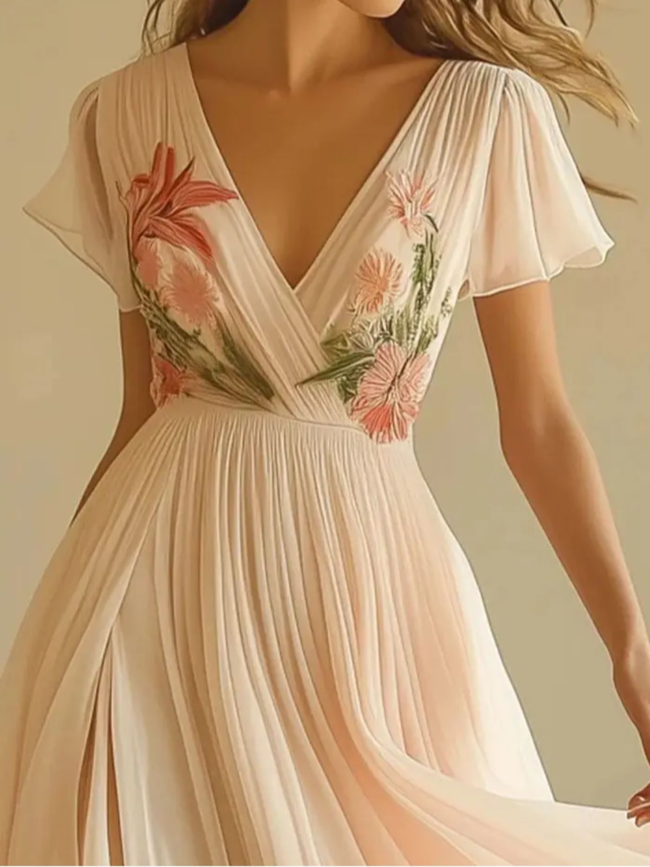SINHOON Women'S Elegant Floral Print V-Neck Maxi Dress - Flowy A-Line Formal & Casual gown, Soft Pastel Floral Pattern, Lightweight Summer Wedding Party Vacation Outfit - Elegant Evening Dresses for Women, Dresses for Wedding Guest, Vacation Wear,