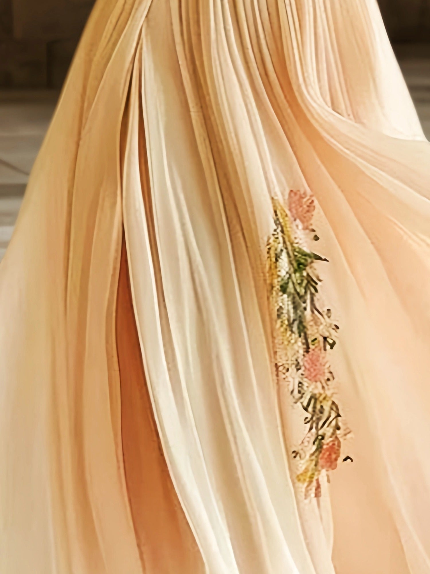 Elegant Floral Print V-Neck Maxi Dress - Beige with Orange & White Flowers, Short Sleeves, Flowy Tiered Skirt, Perfect for Weddings & Formal Events, Formal Event Attire | Floral Print Dress | Polyester Fabric