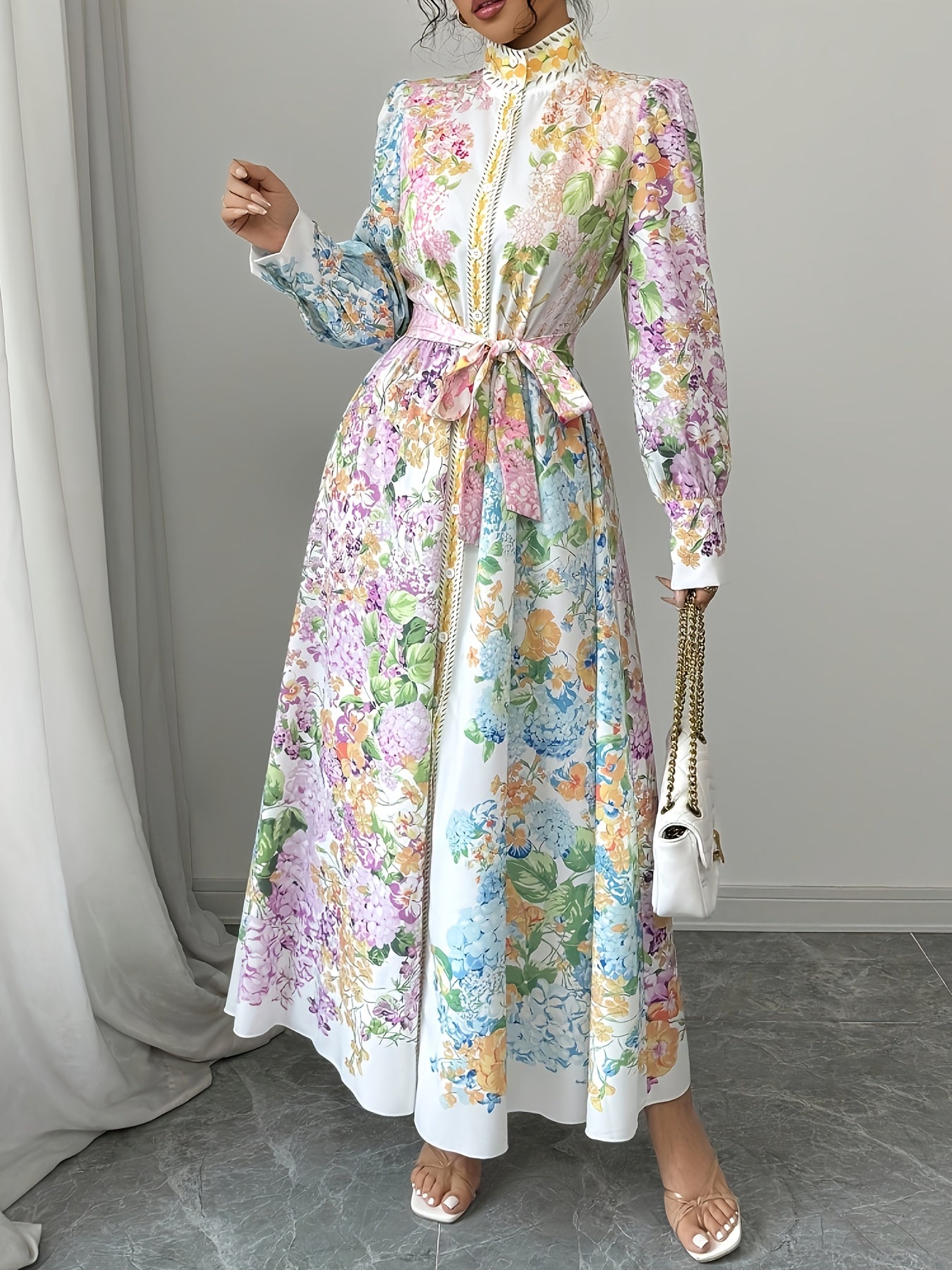 Women's French Elegant Floral Print Puff Sleeve Dress - Stand-Up Collar Button Front with Adjustable Waist Belt, Fitted Silhouette for Spring/Autumn Vacation & Casual Outings, Spring Fashion, Quality Craftsmanship, Autumn Outfit, Highquality Fabric, Adult