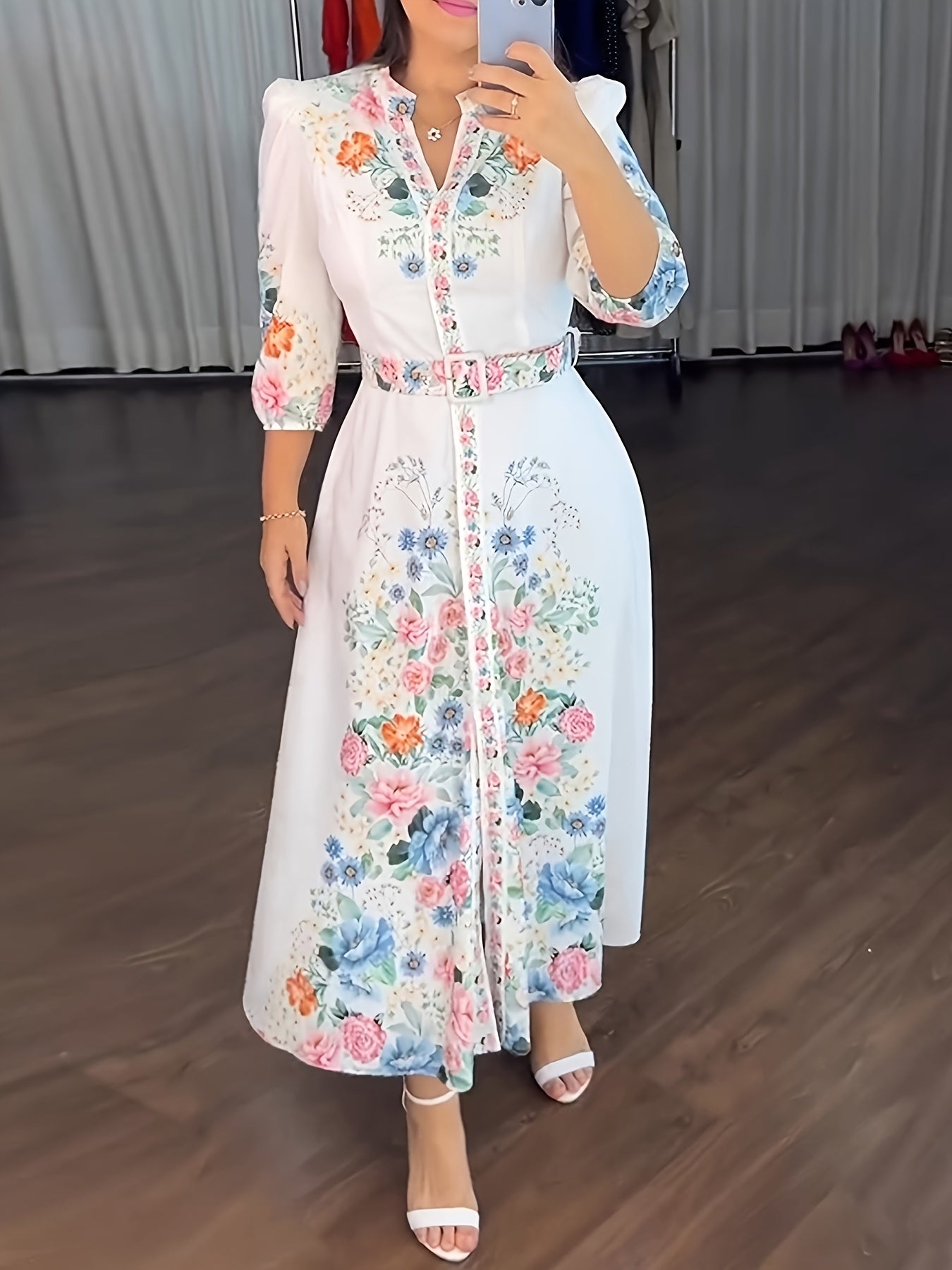Floral Print V Neck Three Quarters Tied Detail Blouse Dress Casual A Line Slim Fit Maxi Dress