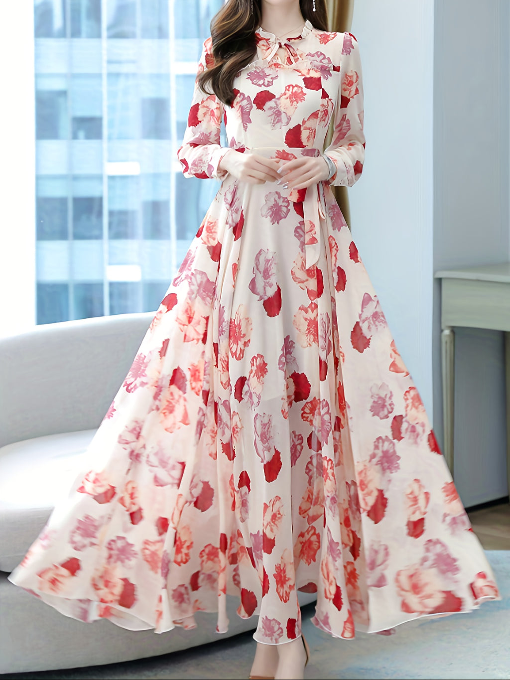 A Romantic Feast Of Spring Flowers! Retro Bohemian - Inspired Elegant Floral - Patterned Long - Sleeved Belted Printed Vacation - Style Dress