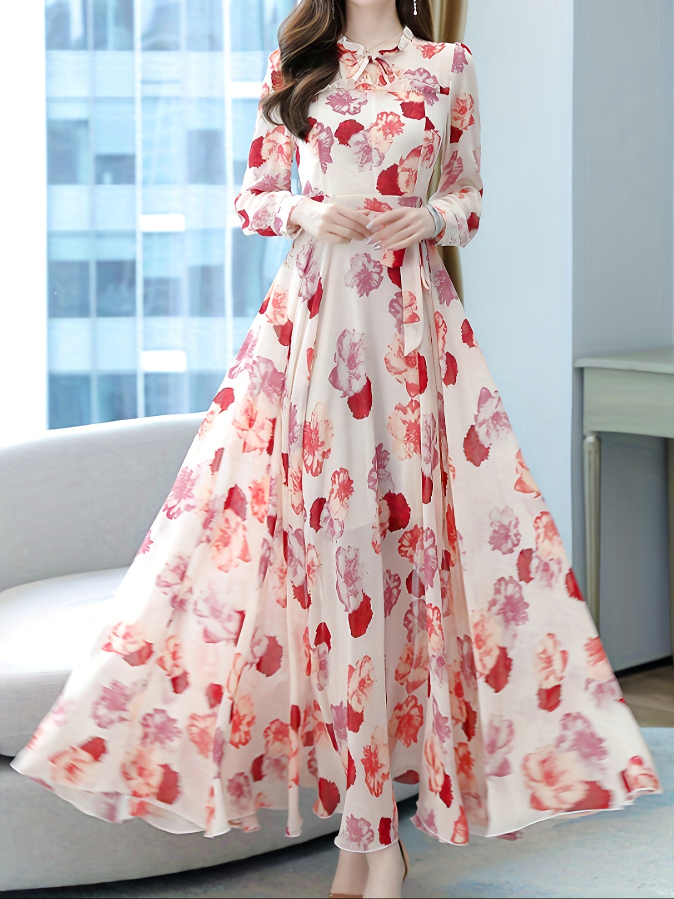 A Romantic Feast Of Spring Flowers! Retro Bohemian - Inspired Elegant Floral - Patterned Long - Sleeved Belted Printed Vacation - Style Dress