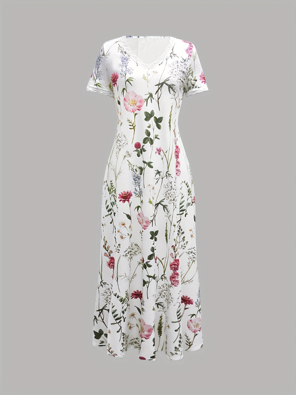 Women'S Floral Print V-Neck Dress with Lace Trim - Lightweight Polyester, Short Sleeve, Knee-Length for Spring/Summer, Casual Elegant Style, Casual Summer Dress | Floral Print Dress | Polyester Dress
