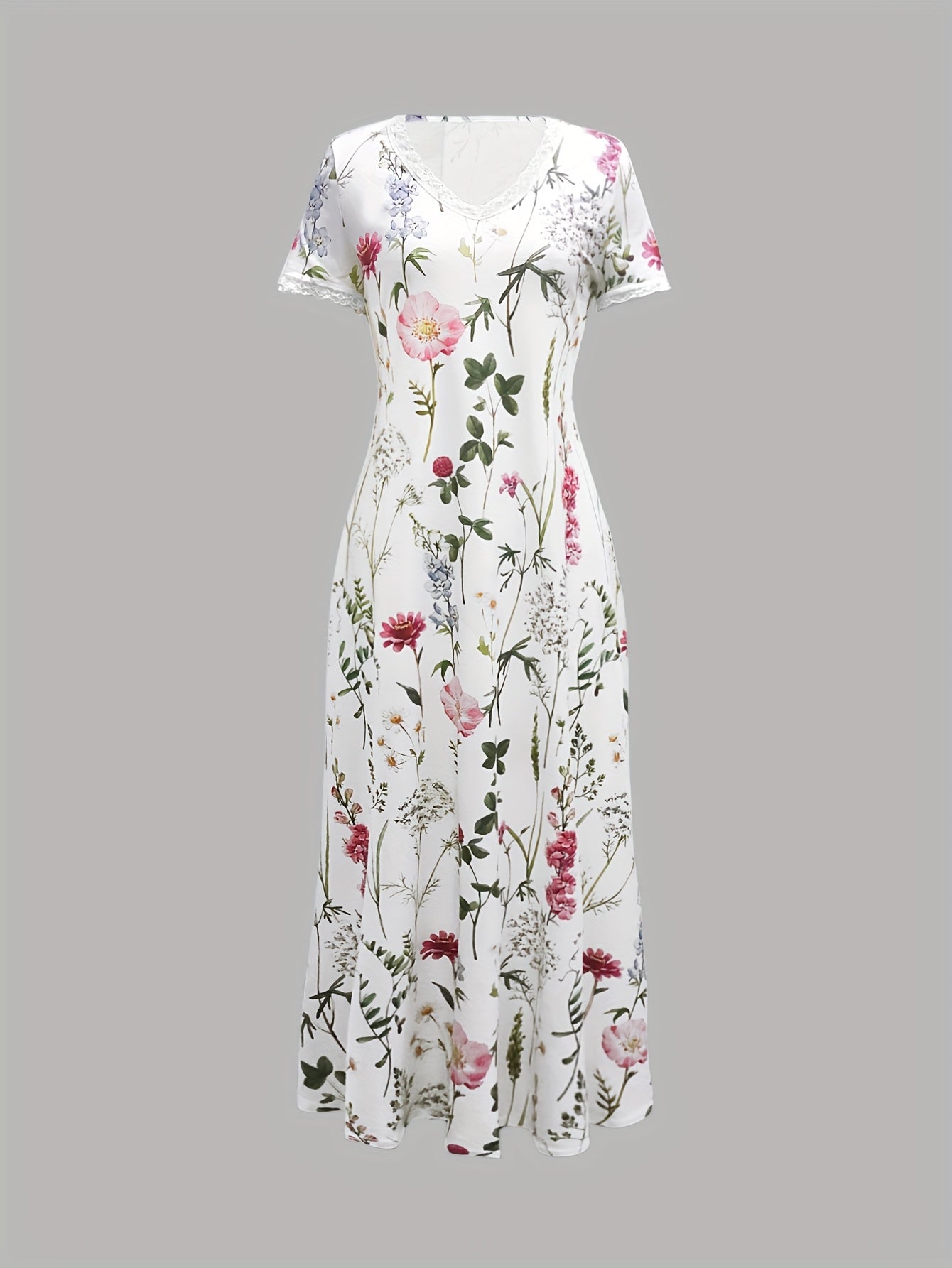 Women'S Floral Print V-Neck Dress with Lace Trim - Lightweight Polyester, Short Sleeve, Knee-Length for Spring/Summer, Casual Elegant Style, Casual Summer Dress | Floral Print Dress | Polyester Dress