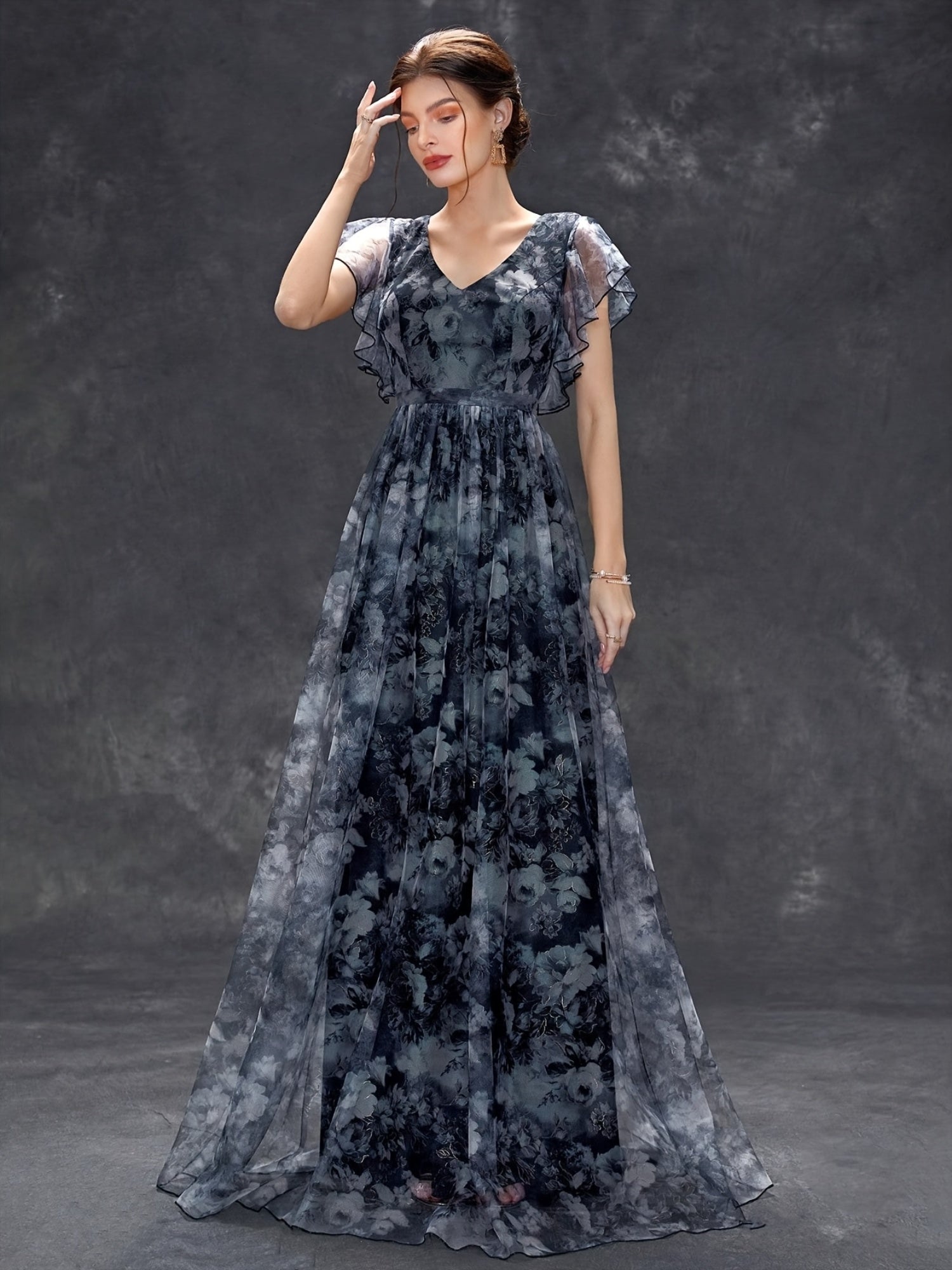 Elegant Women'S Deep V-Neck Bridesmaid Dress with Short Sleeves, Floral Print, Lace Trim, Satin Mesh Overlay, Ruffle Hem, A-Line Long Skirt, Perfect for Weddings and Formal Events, Wedding Guest Attire | Floral Print Dress | Satin Finish
