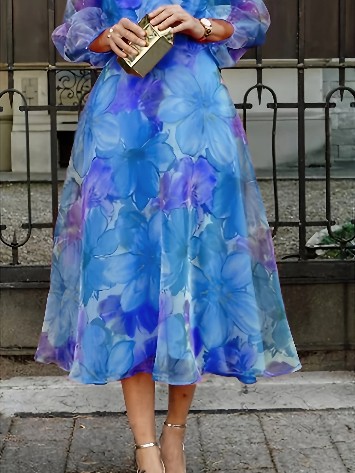 [Elegant Floral Dress] Elegant Floral Print Chiffon A-Line Dress | Women's Gradient Blue Purple Ombre Long Sleeve Round Neck Party Wedding Guest Dress with Back Zipper Closure - Machine Washable Spring Summer Fall Formal Attire
