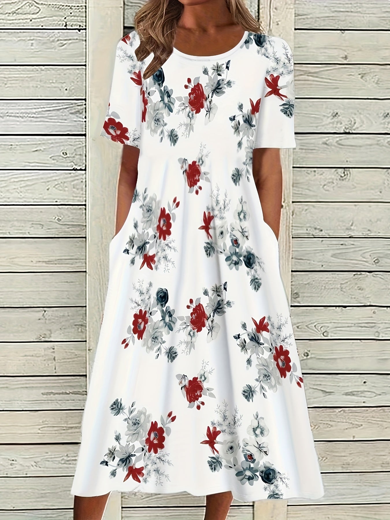 [Stylish Midi Dress] Elegant Floral Women's Round Neck Short Sleeve Pocket Midi Dress for Vacation