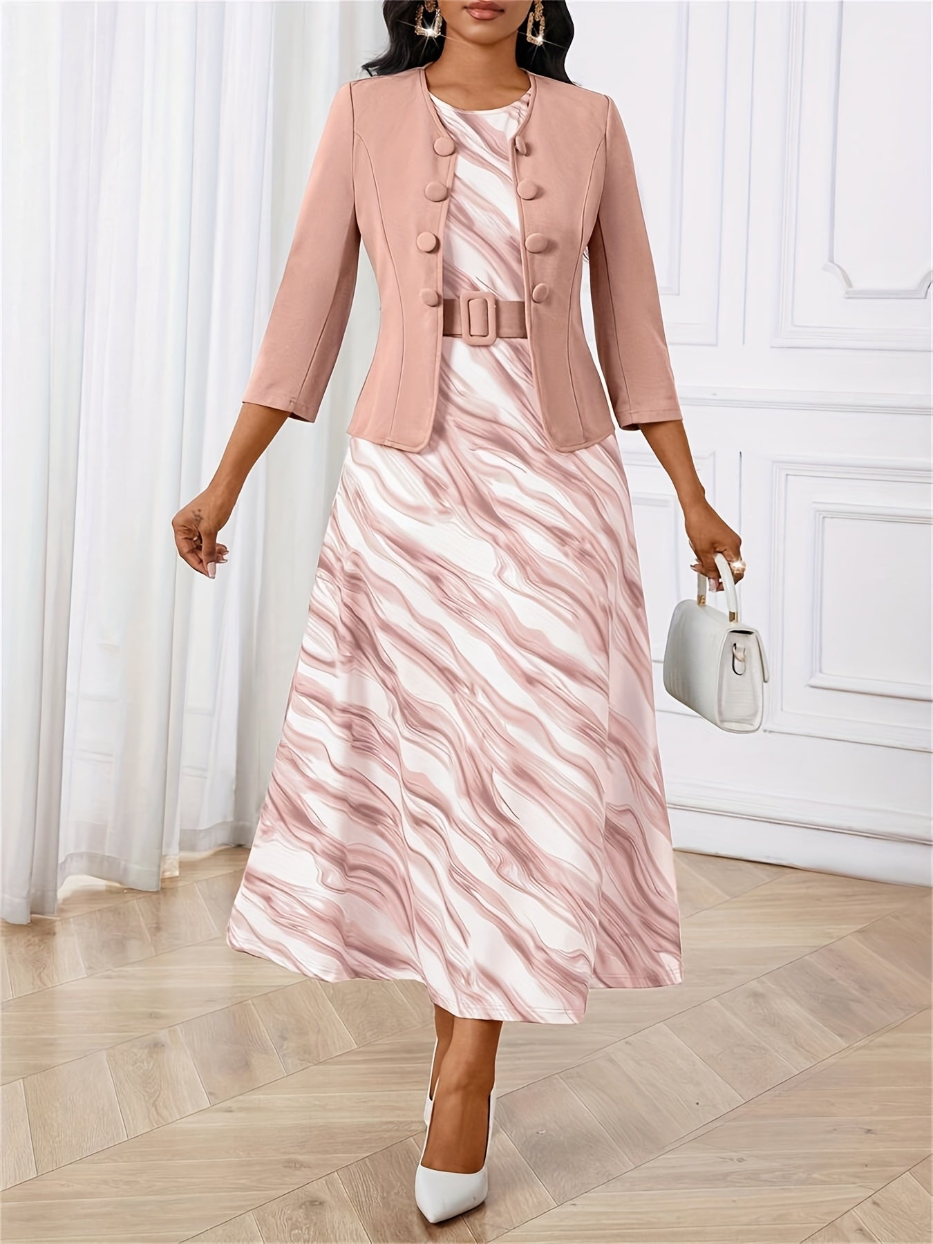 YY0511281 European and American Spring Autumn Elegant Style Button-Open Front 7/8 Sleeve Jacket Black Yellow Print Round Neck Sleeveless A-Line Belted Dress Two-Piece Set
