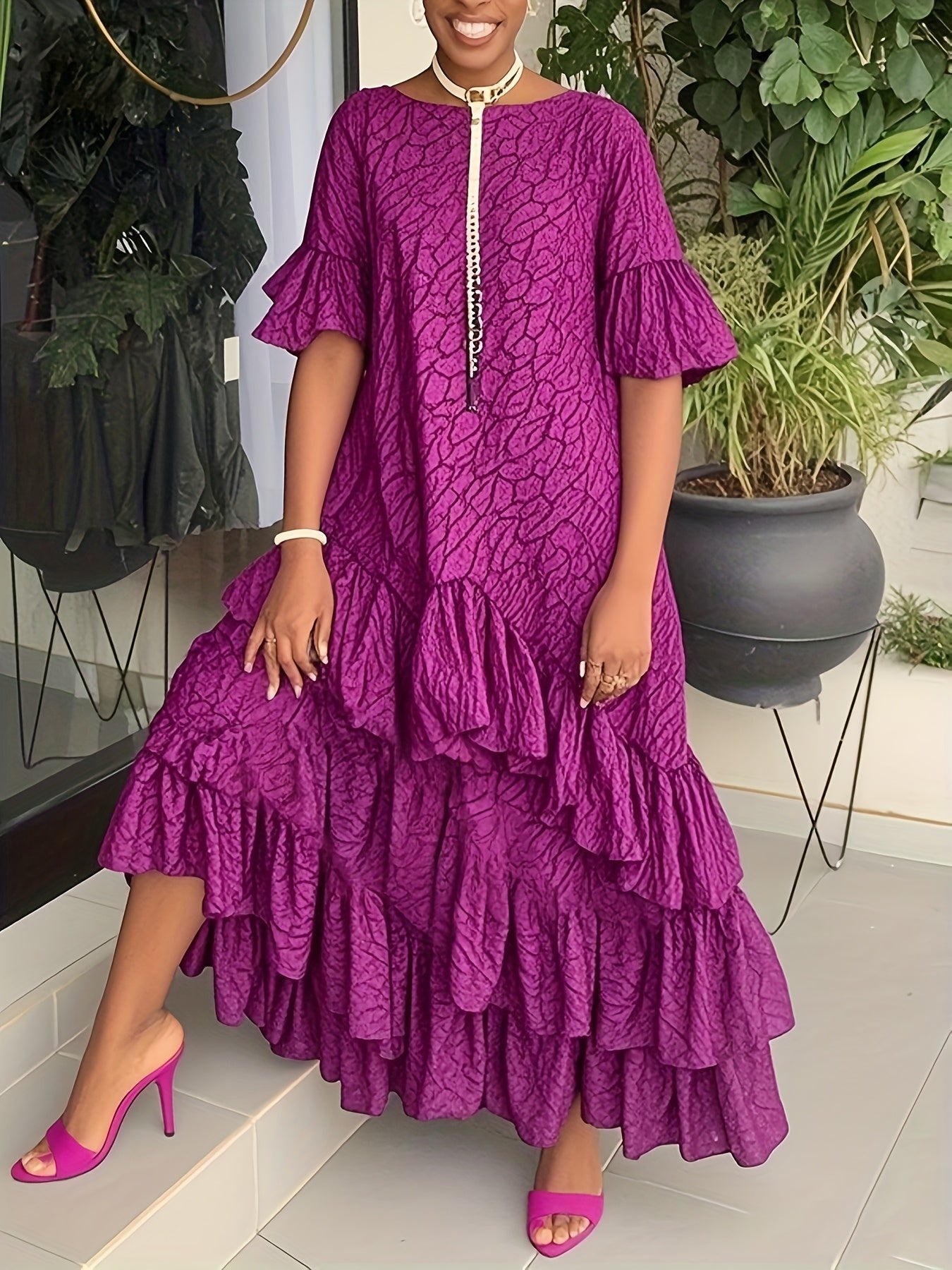 [Elegant Floral Maxi Dress] FOOFO Women's Elegant Floral Print Maxi Dress | 2025 Spring Summer, Loose Fit Half-Sleeve, Ruffle Trim, Layered Pleated Skirt, Round Neck for Office, Party, Wedding, Commute (Fuchsia, S-2XL)