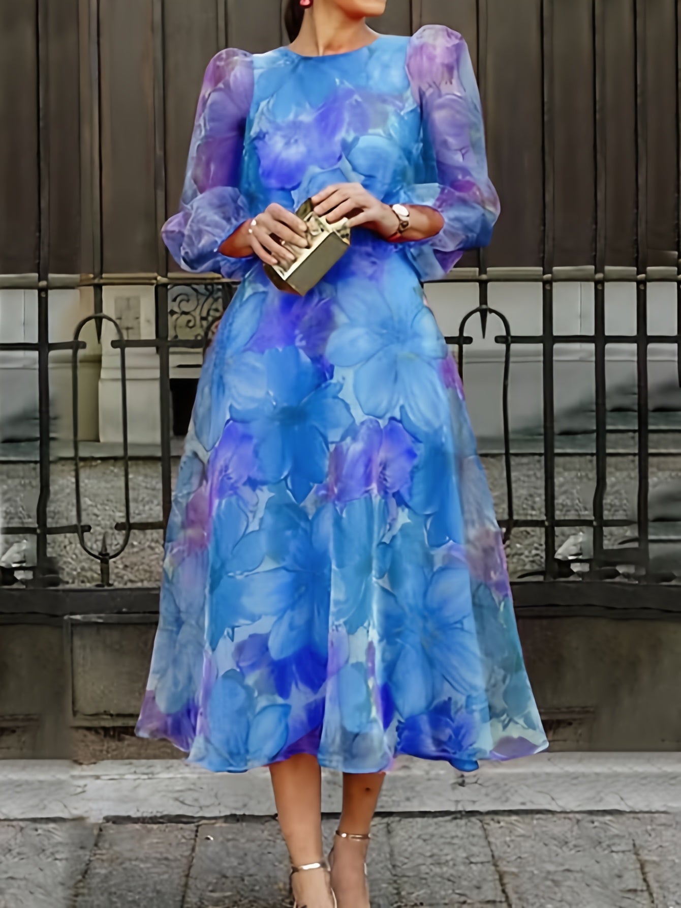 [Elegant Floral Dress] Elegant Floral Print Chiffon A-Line Dress | Women's Gradient Blue Purple Ombre Long Sleeve Round Neck Party Wedding Guest Dress with Back Zipper Closure - Machine Washable Spring Summer Fall Formal Attire