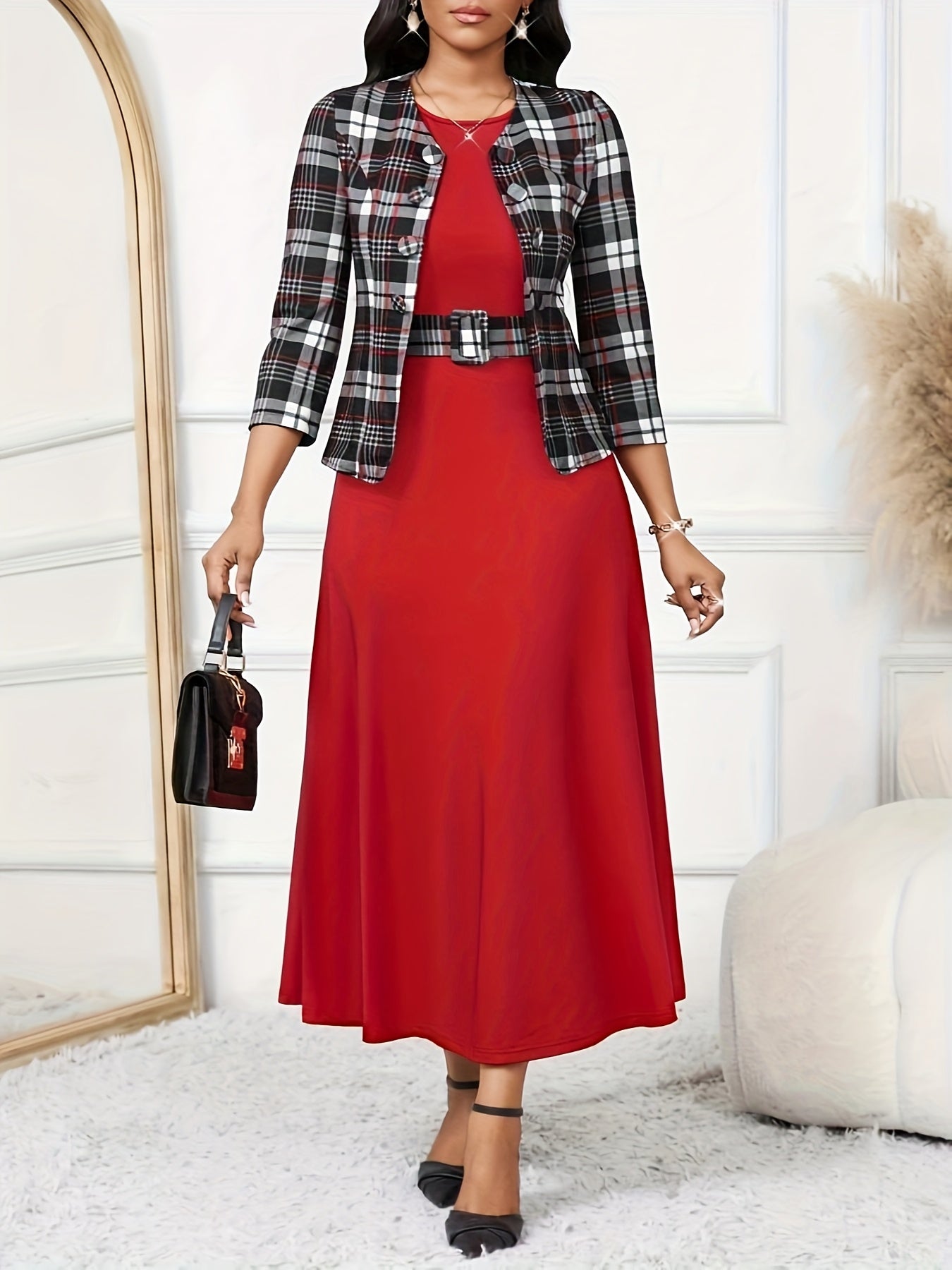 YY0511281 European and American Spring Autumn Elegant Style Button-Open Front 7/8 Sleeve Jacket Black Yellow Print Round Neck Sleeveless A-Line Belted Dress Two-Piece Set