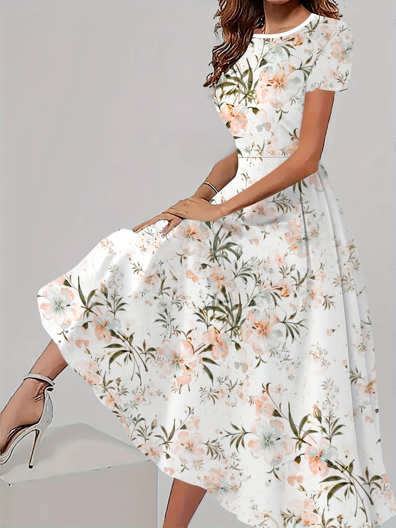 [Floral Print Midi Dress] Elegant Floral Print Midi Dress - Polyester 95% Spandex 5% Knit Fabric, Crew Neck Short Sleeve Fitted Dress - 180g/m² All Over Print for Spring/Summer/Fall