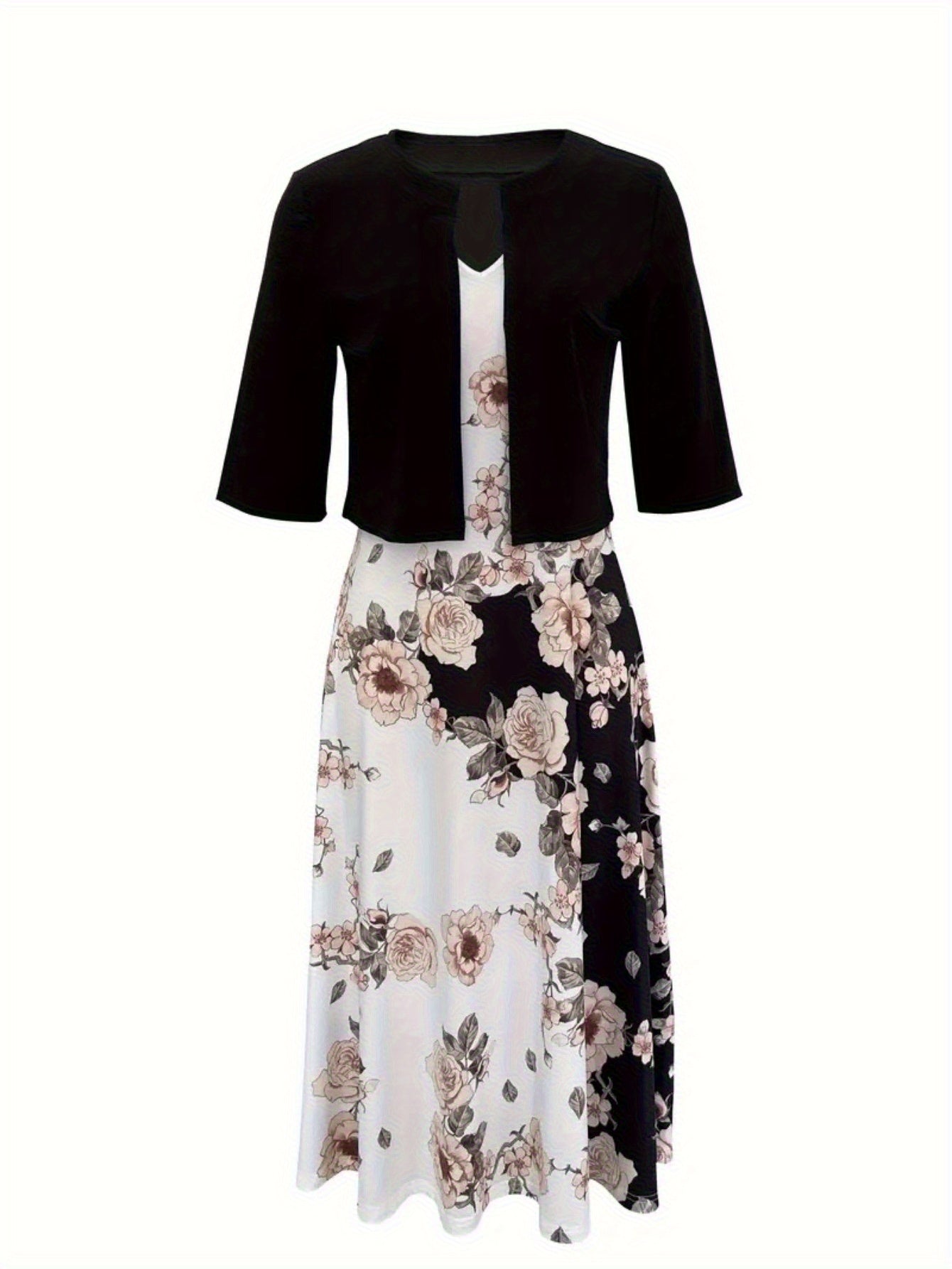 Elegant Floral Print Dress with Ruched Bust and Off-the-Shoulder Sleeves - Casual yet Sophisticated Style for Spring/Summer, Casual Elegant Attire|Floral Print Dress|Ruched Detailing, Floral Print Dress