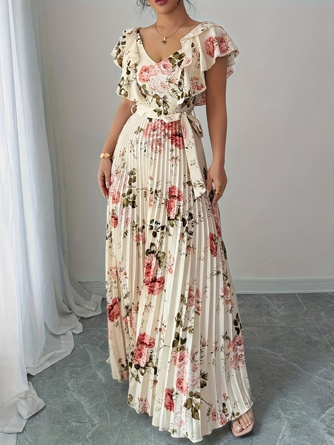 Women'S Elegant Floral Print V-Neck Maxi Dress - Flared A-Line Skirt, Formal & Casual Event Gown in Red/White/, All-Season Wedding Party Outfit with Waist Definition for Everyday & Special Occasions, Cute Dresses, Versatile Fashion, Quality Fabric