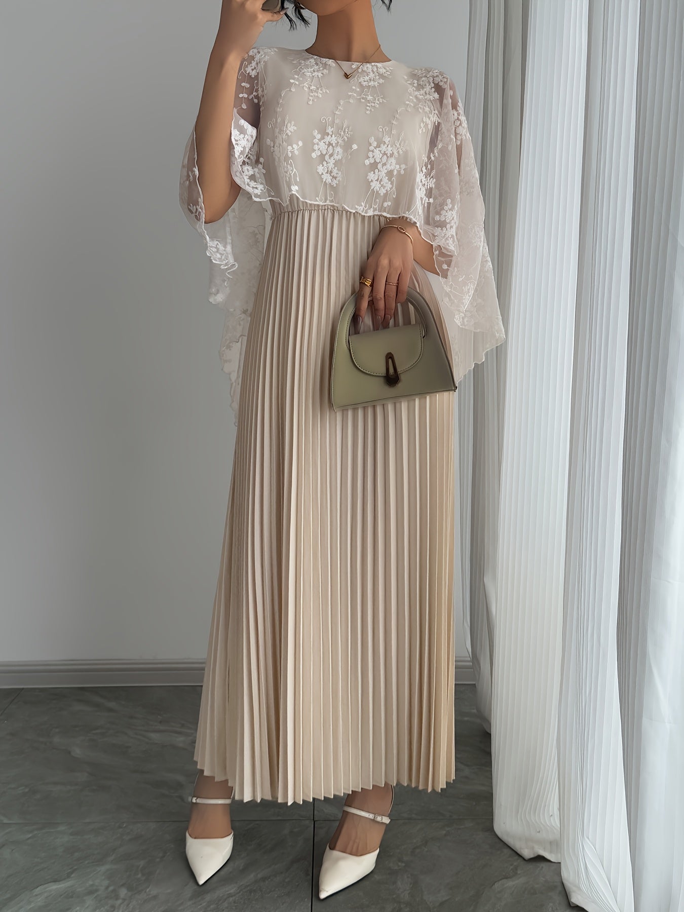 Women's Elegant Romantic Pleated Dress - Country Chic, Sweet A-Line Skirt with Zipper, Versatile Classic Style for Casual Attire, Date Night Outfit, Tailored Fit, Nonstretch Fabric, Adult Clothing