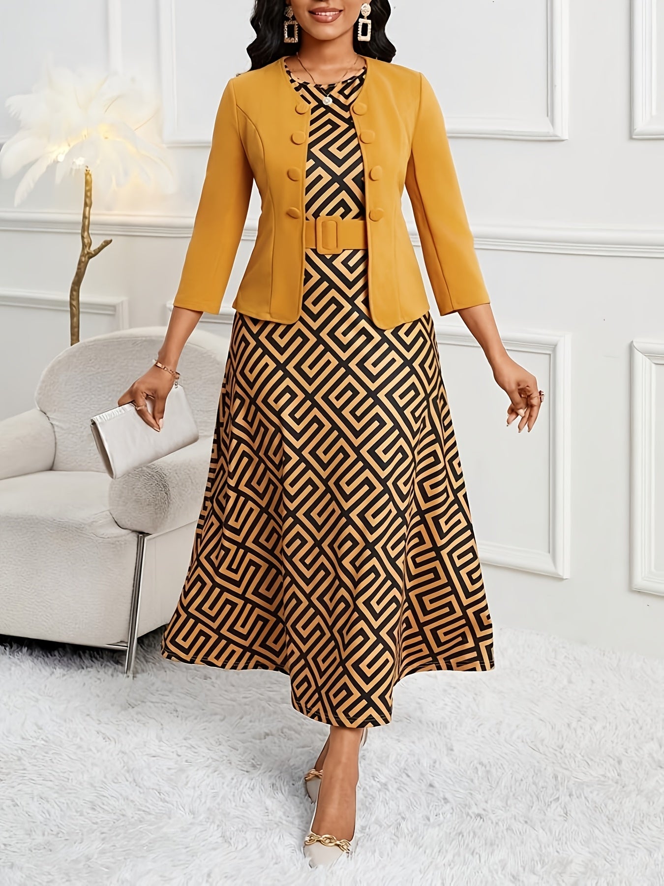 YY0511281 European and American Spring Autumn Elegant Style Button-Open Front 7/8 Sleeve Jacket Black Yellow Print Round Neck Sleeveless A-Line Belted Dress Two-Piece Set