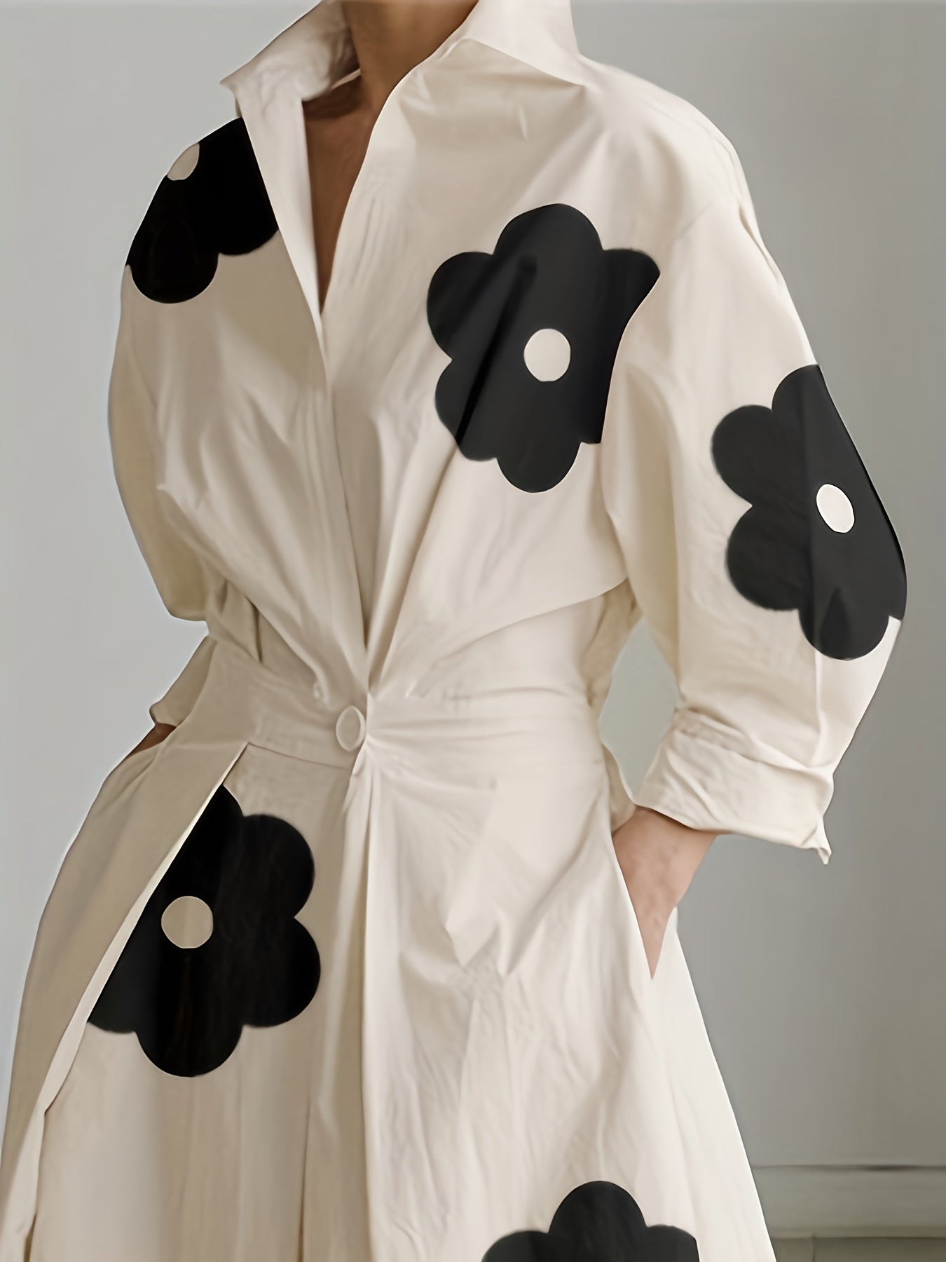Long Sleeves Loose Contrast Color Floral Printed Pleated Tied Waist Lapel Midi Dresses Shirt Dress